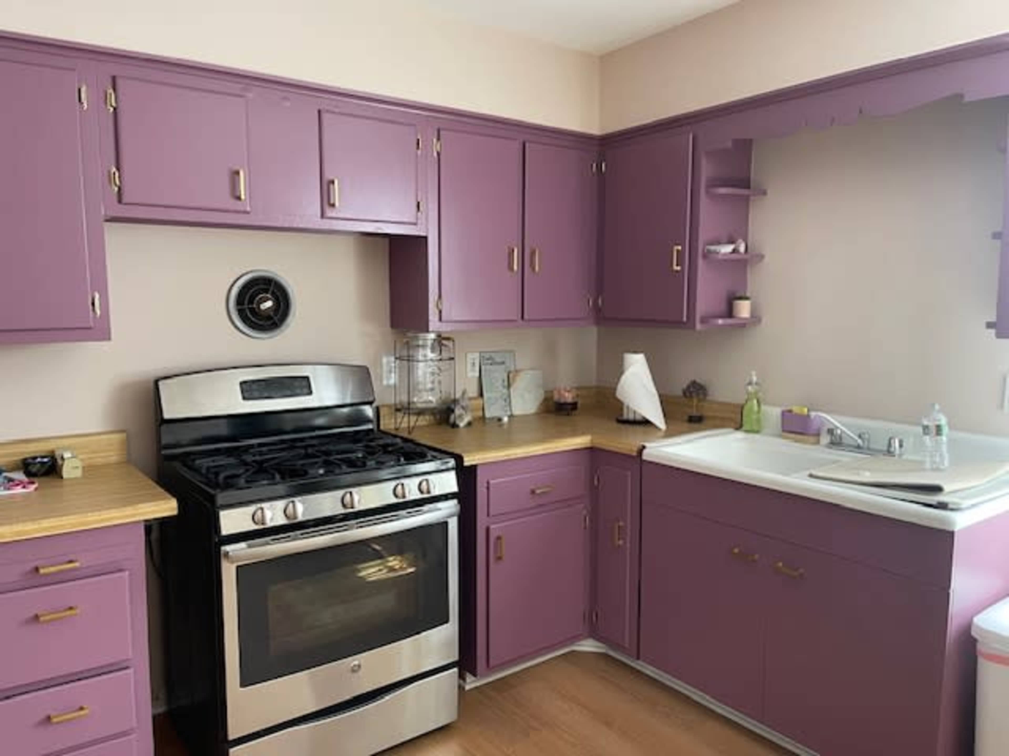 A kitchen with purple cabinets, a stainless steel gas stove, and a sink with a wooden countertop.