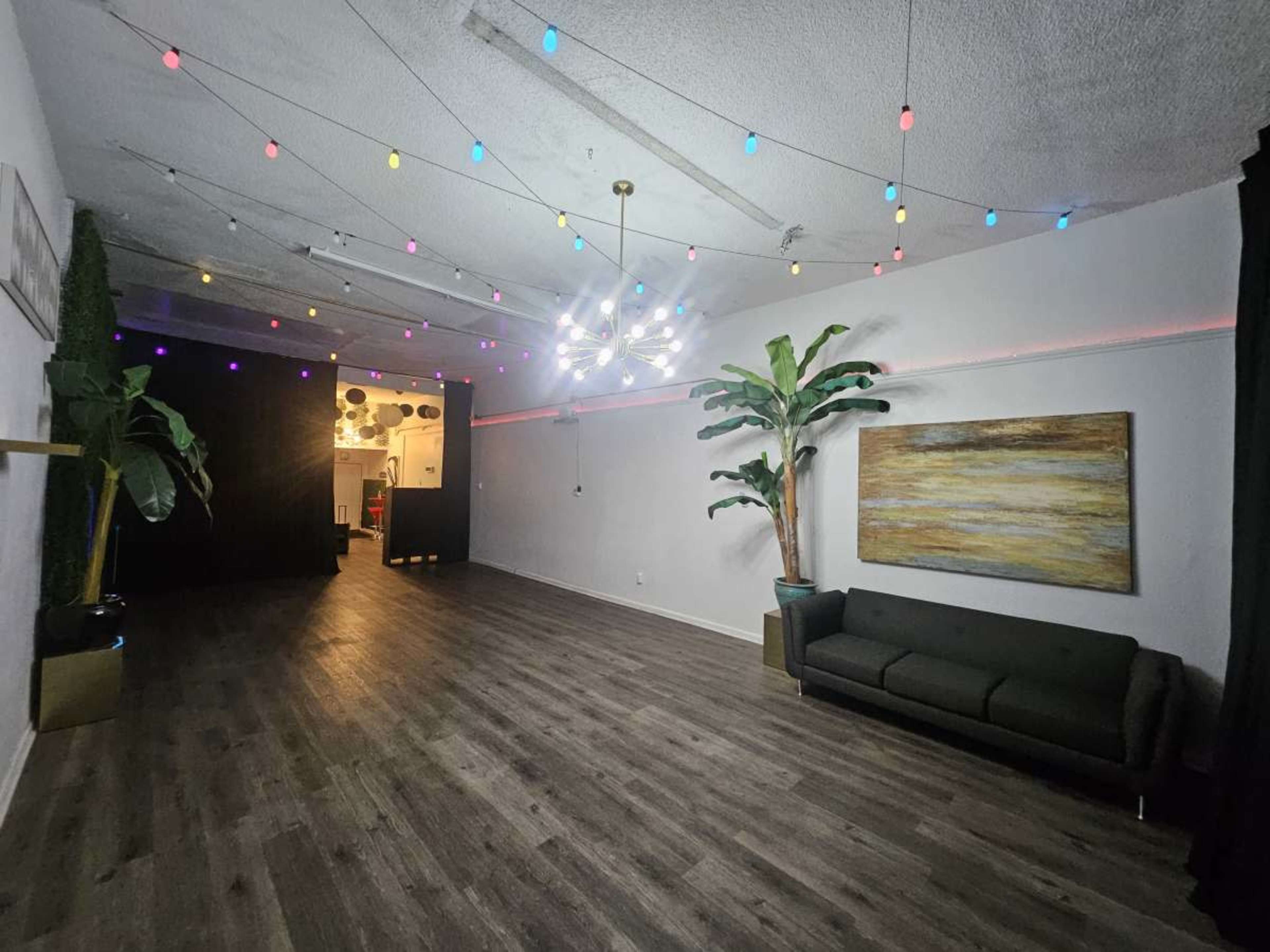 The image shows a spacious room with wooden flooring, colorful pendant lights hanging from the ceiling, a large decorative plant, and a dark area at the far end leading to another space.