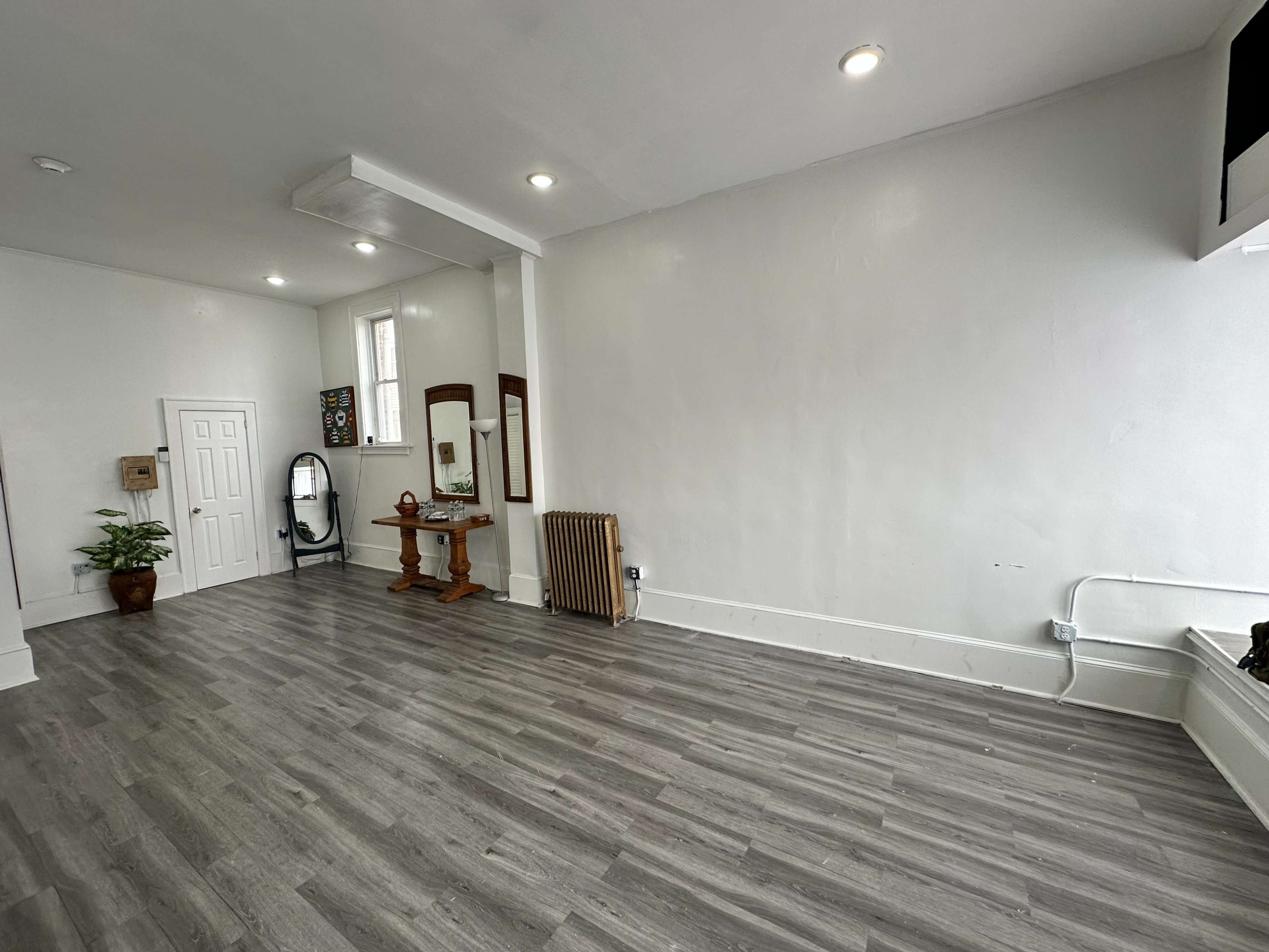 The image shows a spacious, empty room with light-colored walls, wooden flooring, and minimal furnishings, including a mirror, a small table, and a plant.