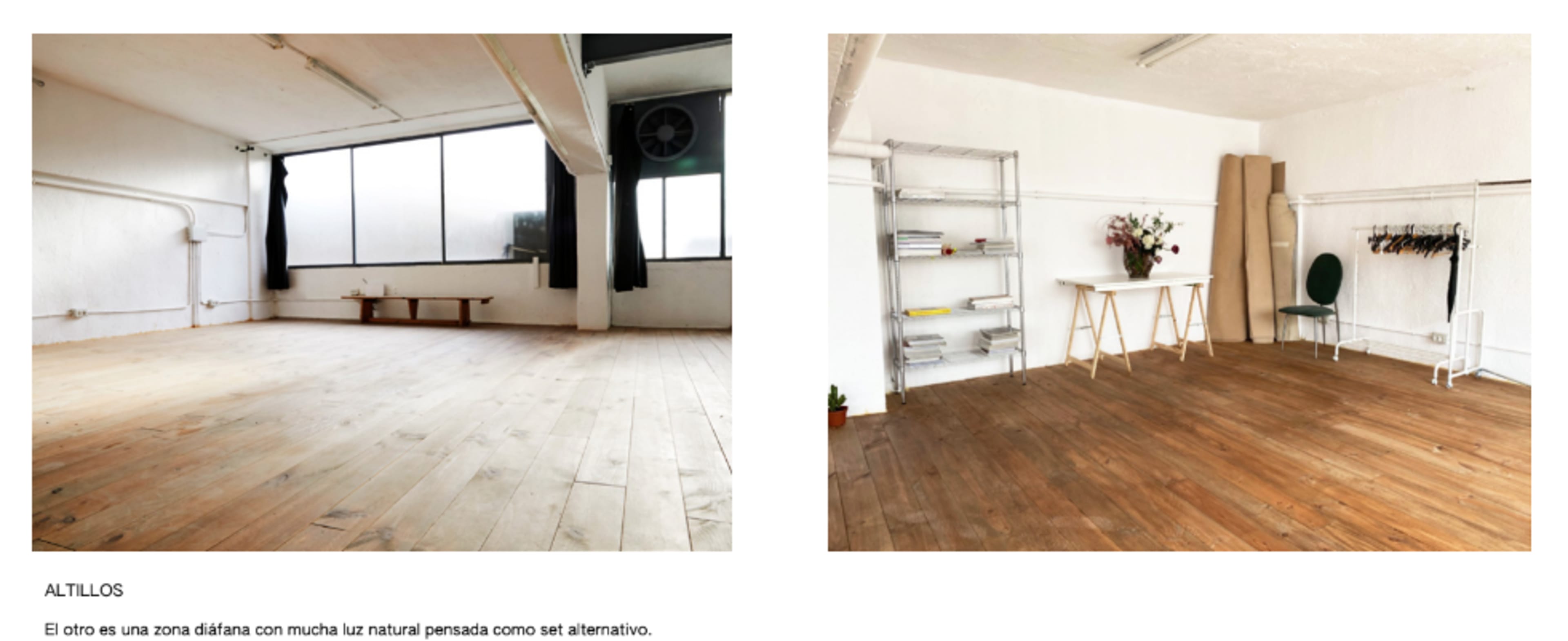Two views of a spacious, wooden-floored room with large windows and minimalist decor.