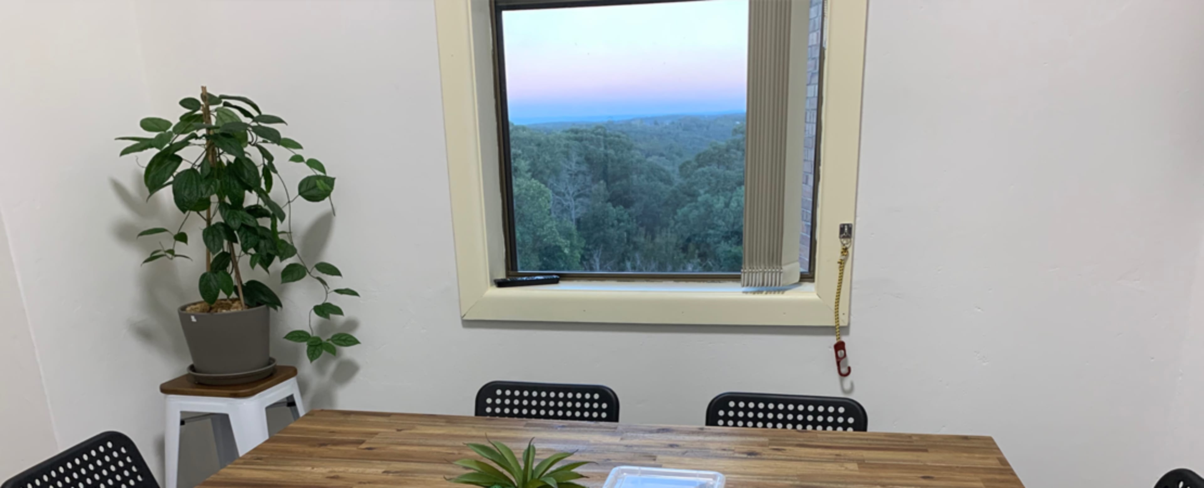 The image shows a small meeting room with a wooden table, four black chairs, a potted plant in the corner, and a large window overlooking a green landscape at dusk.