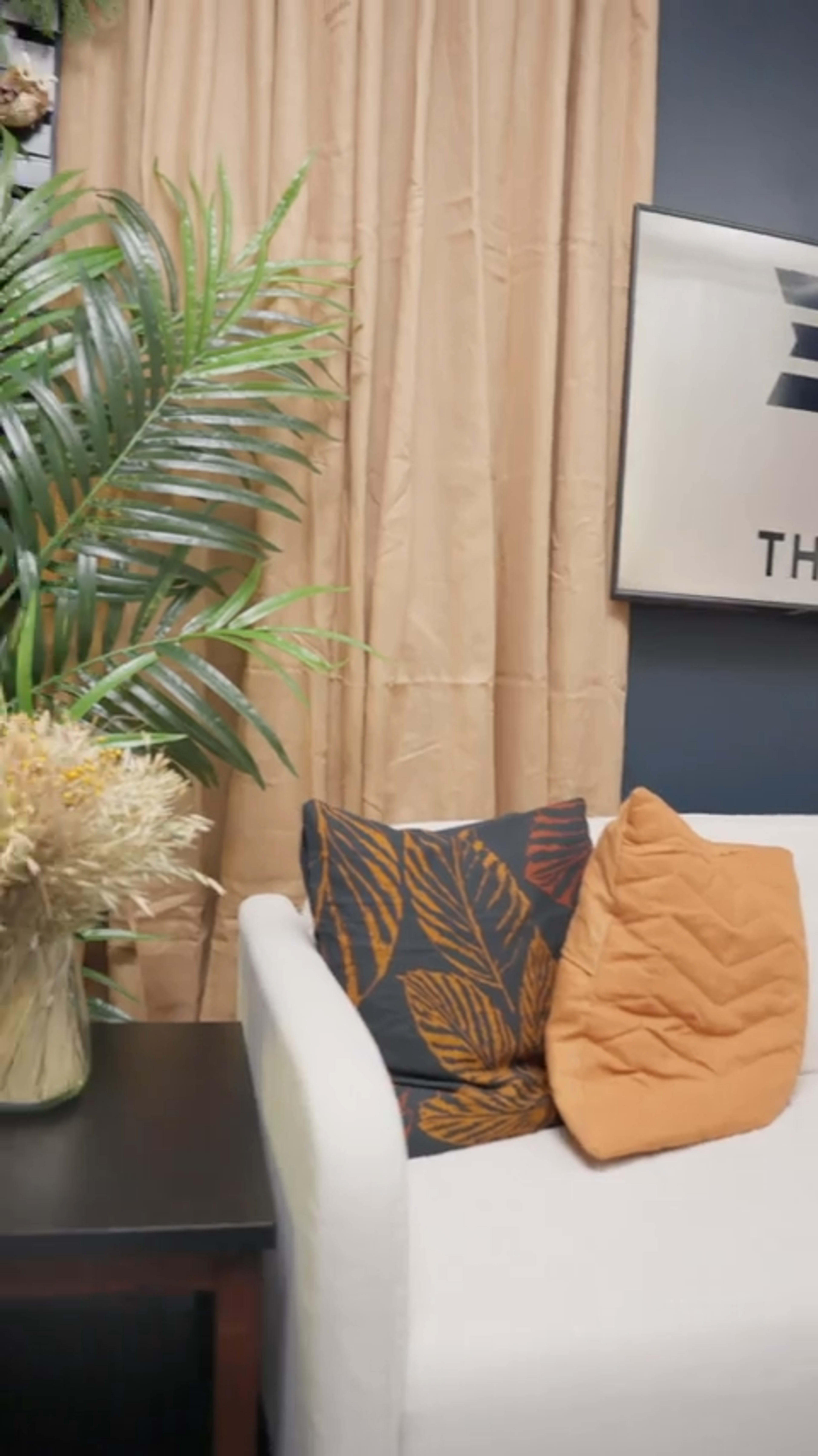 A white couch with decorative pillows sits against a dark blue wall, accompanied by a plant and a vase of dried flowers.
