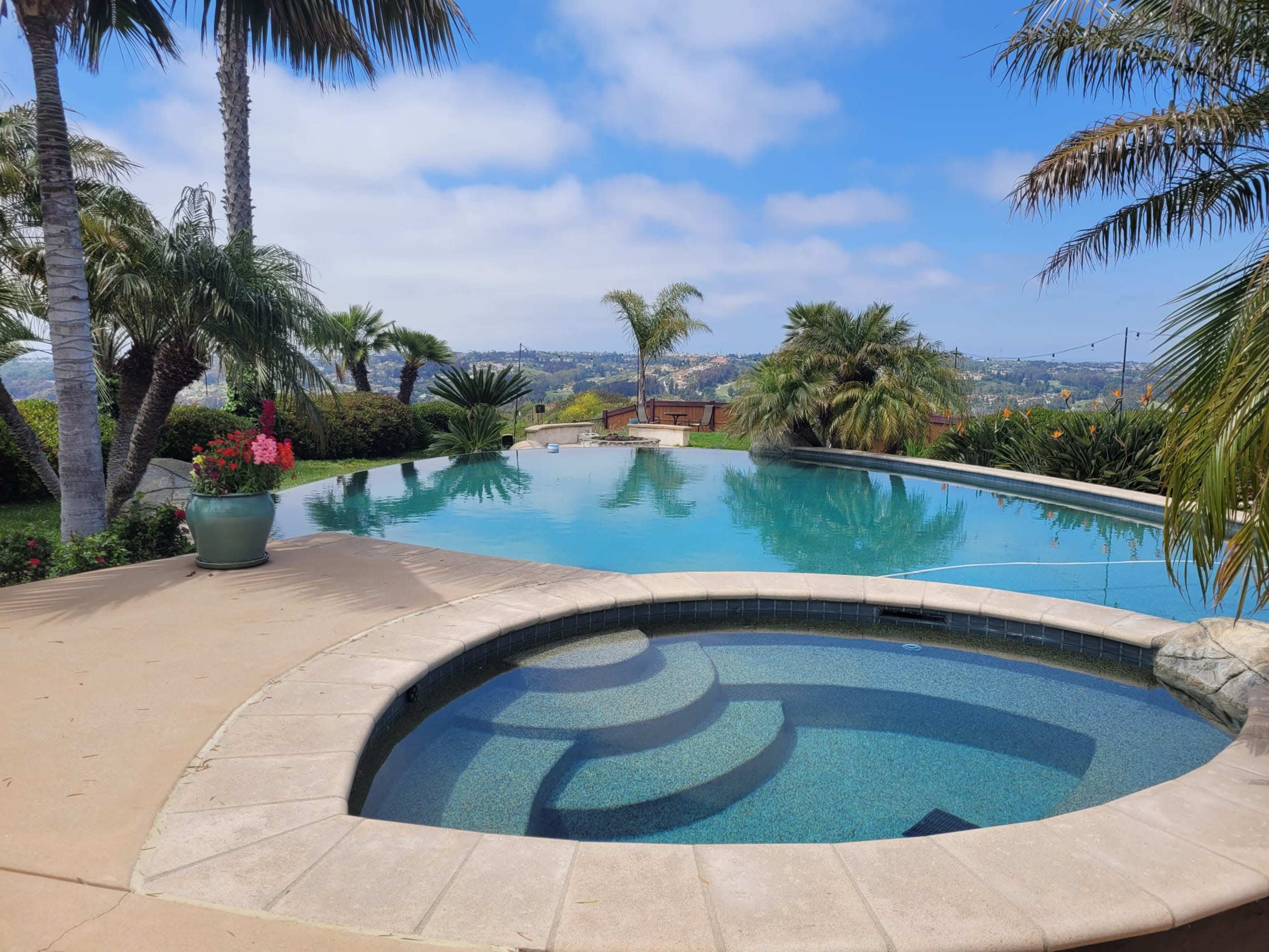 A large swimming pool with an attached spa is surrounded by palm trees and overlooks a scenic landscape.