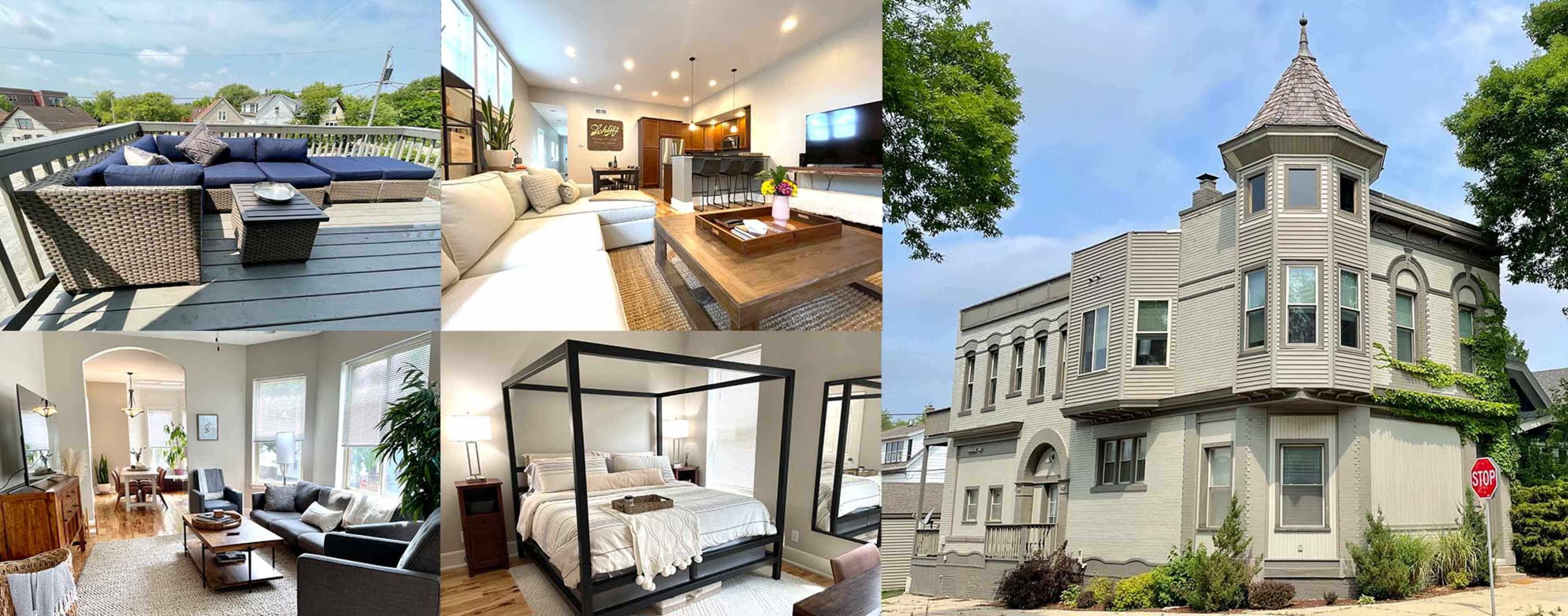 A collage of interior and exterior views of a house, including a cozy living room, a modern bedroom with a four-poster bed, an inviting outdoor deck with seating, and the stylish facade of the home.