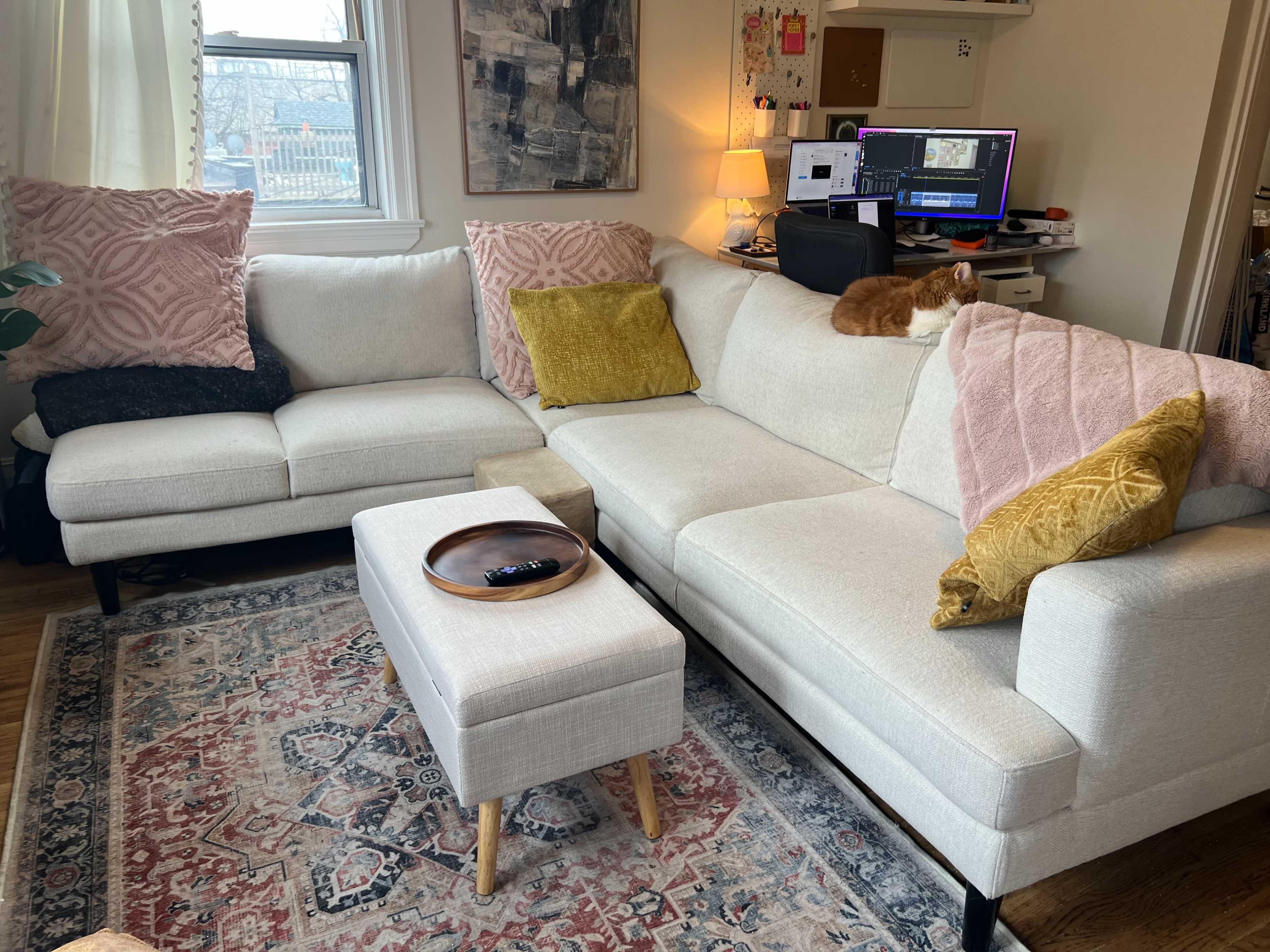 A light-colored sectional sofa with various cushions sits in a living room, accompanied by a wooden coffee table and a cat resting on the back of the sofa.