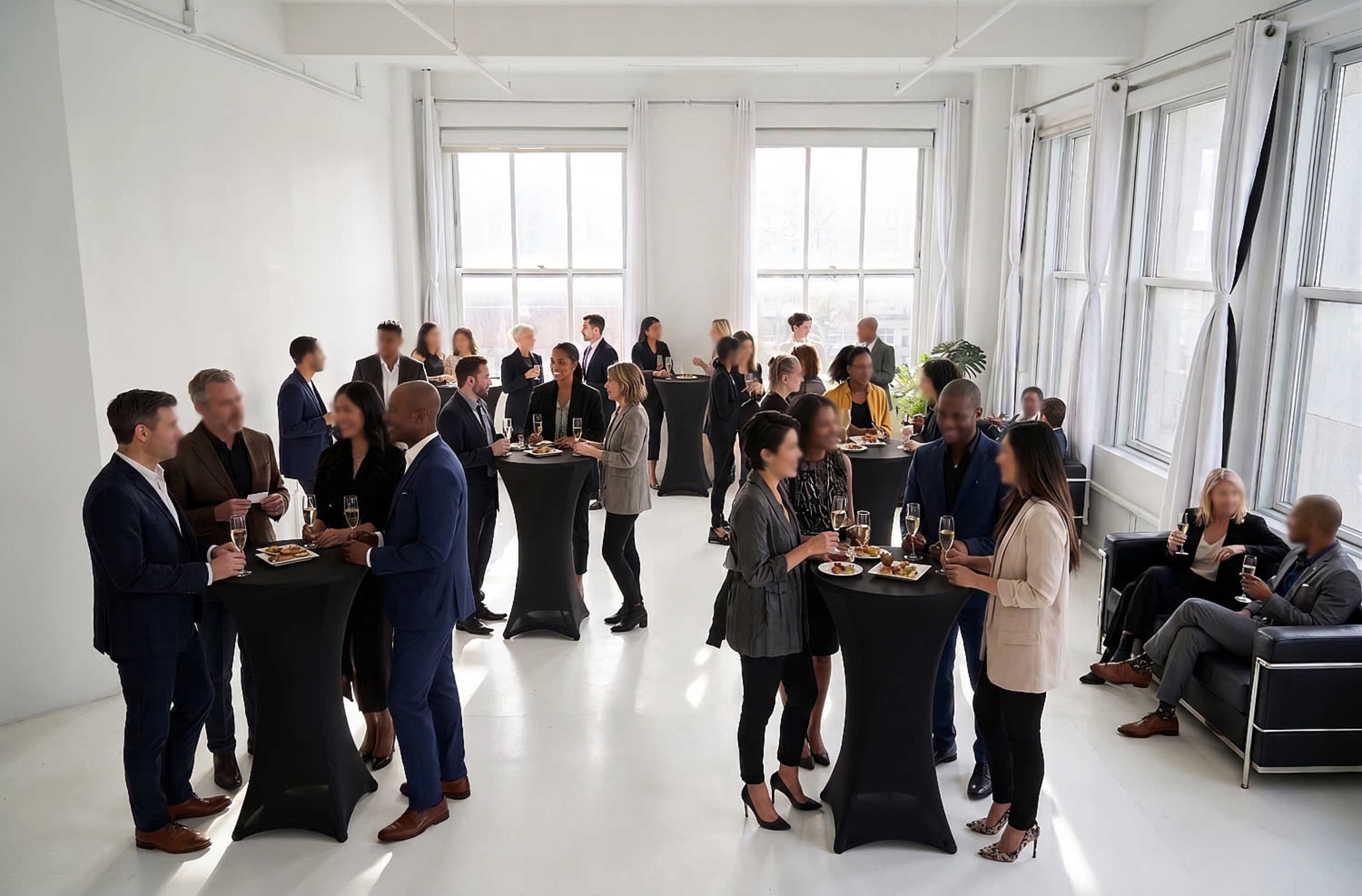 A group of people in formal attire are mingling at high-top tables in a brightly lit, open space.
