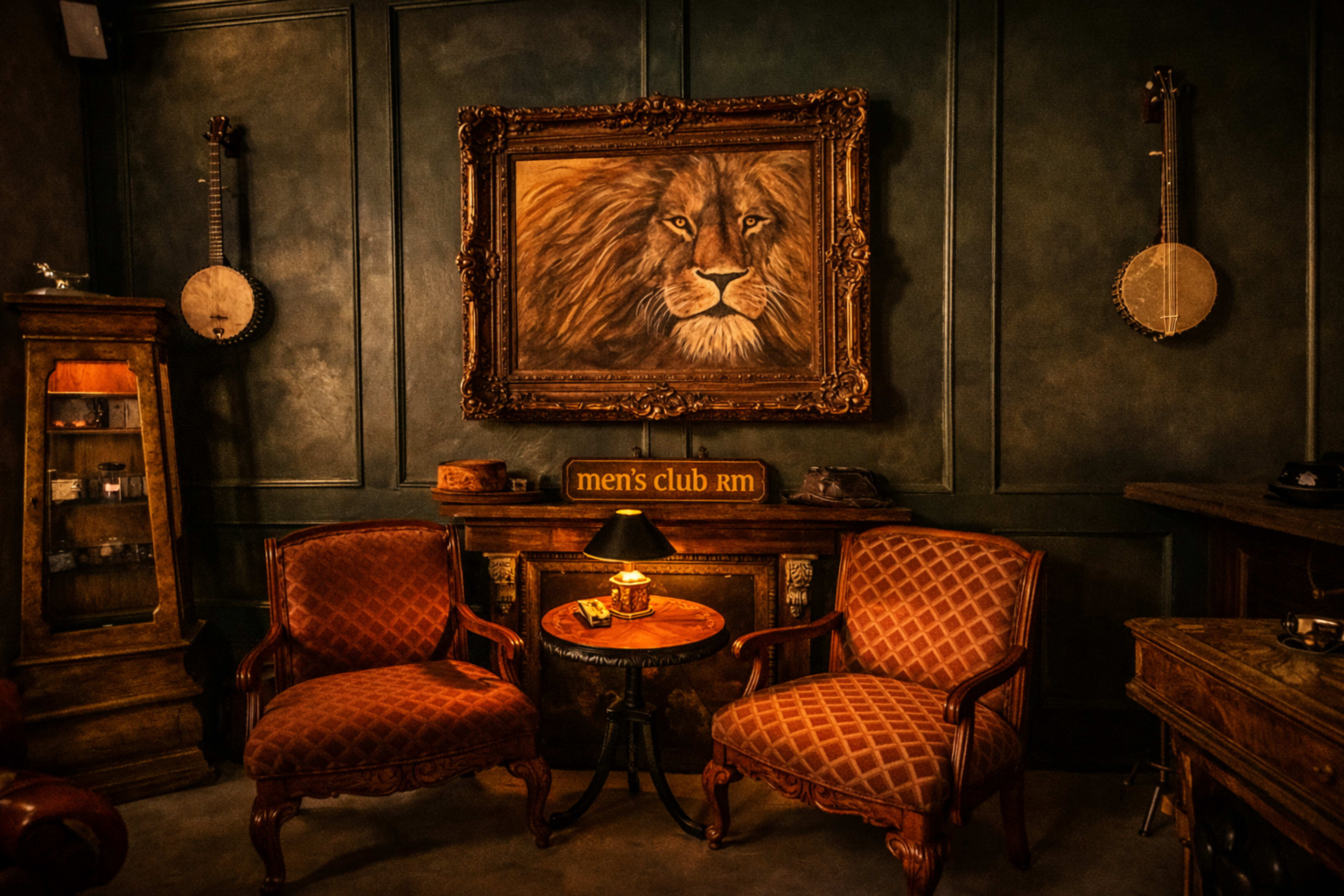 The image features a dimly lit, vintage-style room with two upholstered chairs, a small table with a lamp, and a large lion portrait on the wall, alongside a sign that reads "men's club Rm."