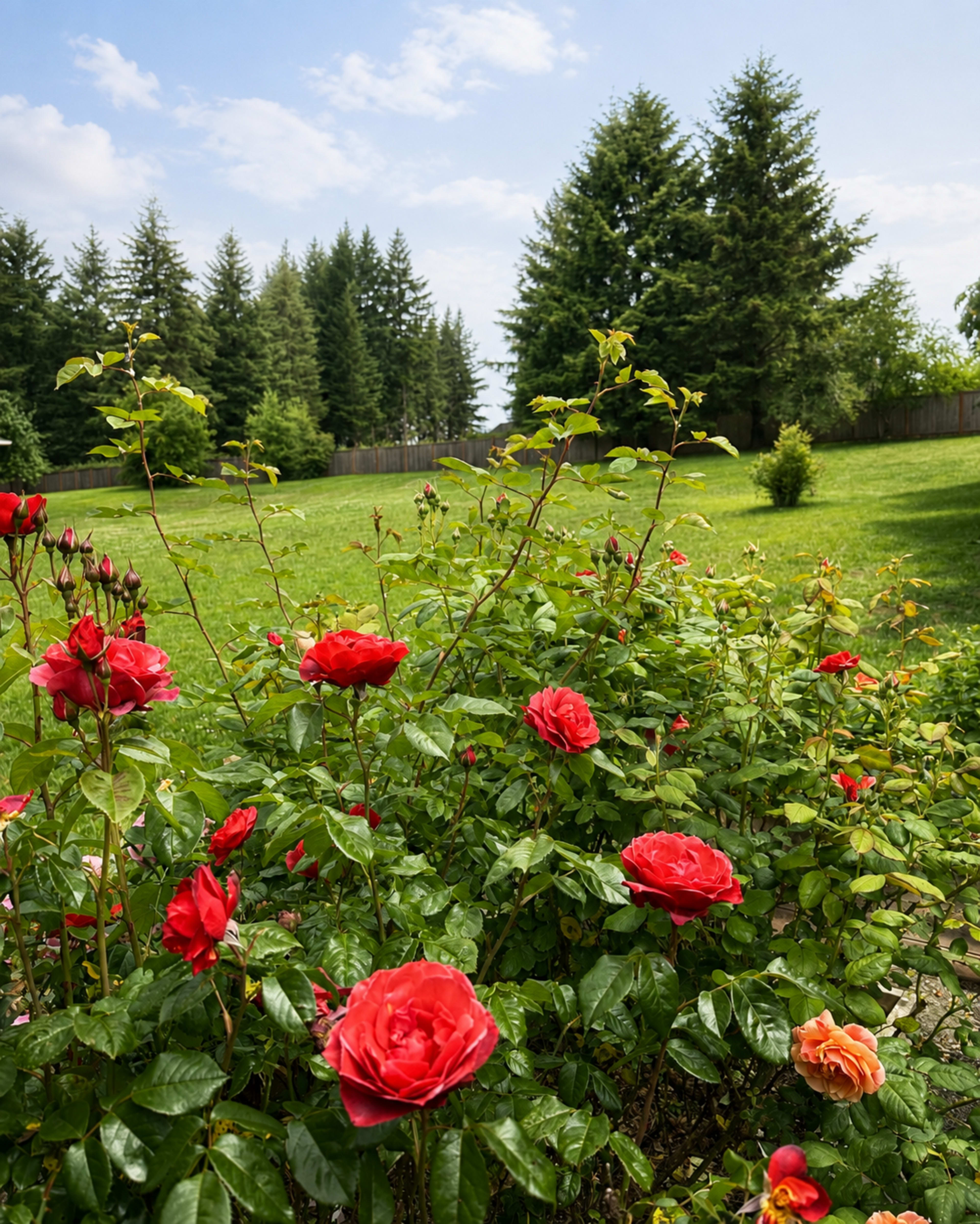 A vibrant rose bush with red blooms is foregrounded in a lush green backyard, framed by tall trees and a clear blue sky.