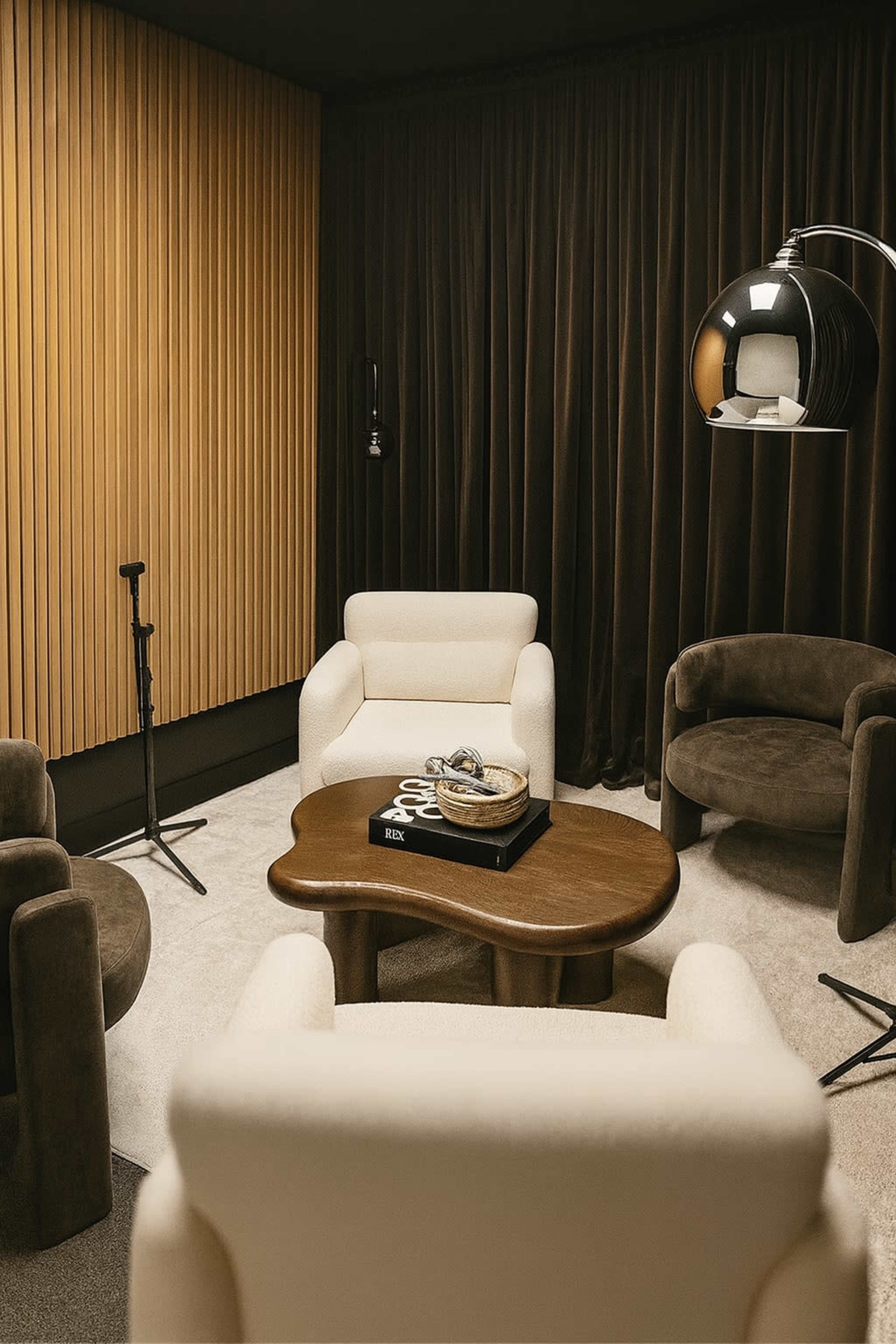 The image shows a modern lounge area with four upholstered chairs arranged around a wooden coffee table, featuring a pendant lamp and wooden paneling in the background.
