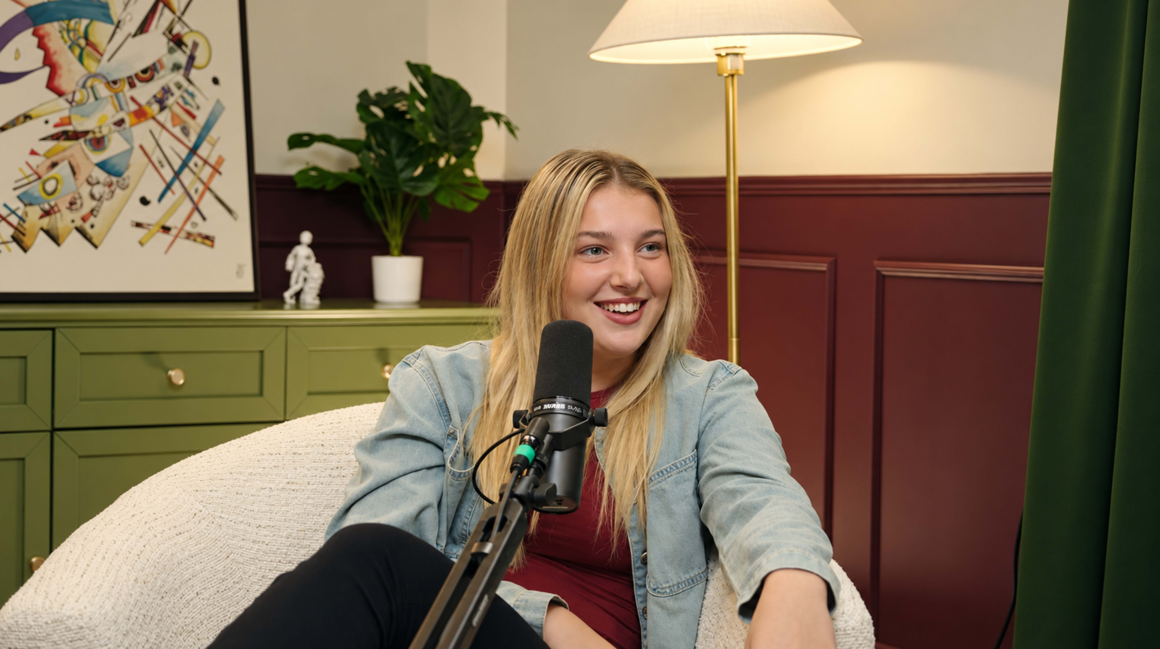A young woman with long blonde hair sits in a cozy chair near a microphone in a well-decorated room.