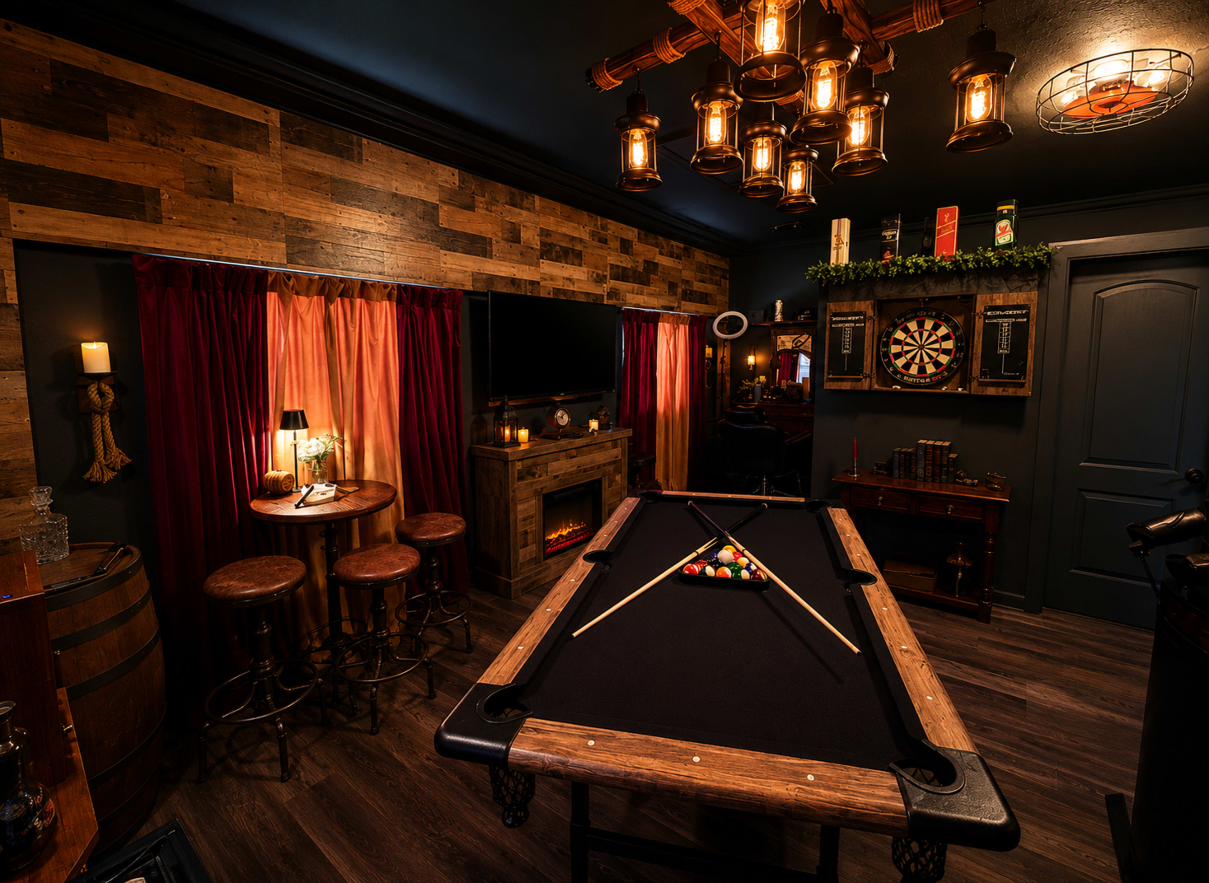 The image shows a dimly lit game room featuring a pool table, wooden bar stools, and decorative wall paneling, with lanterns hanging from the ceiling.