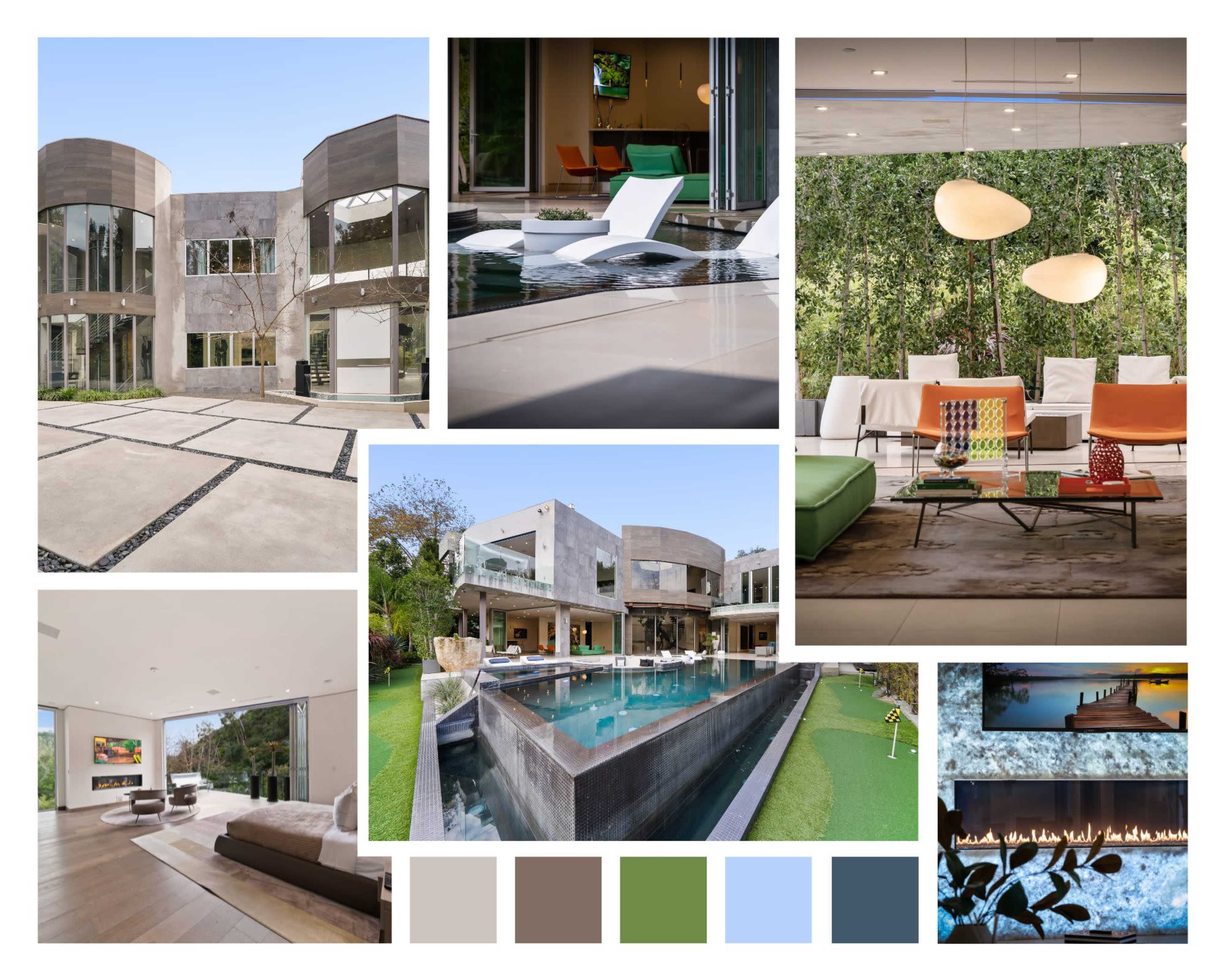 A modern house featuring a blend of outdoor and indoor spaces, including a pool, sleek furniture, and various design elements.