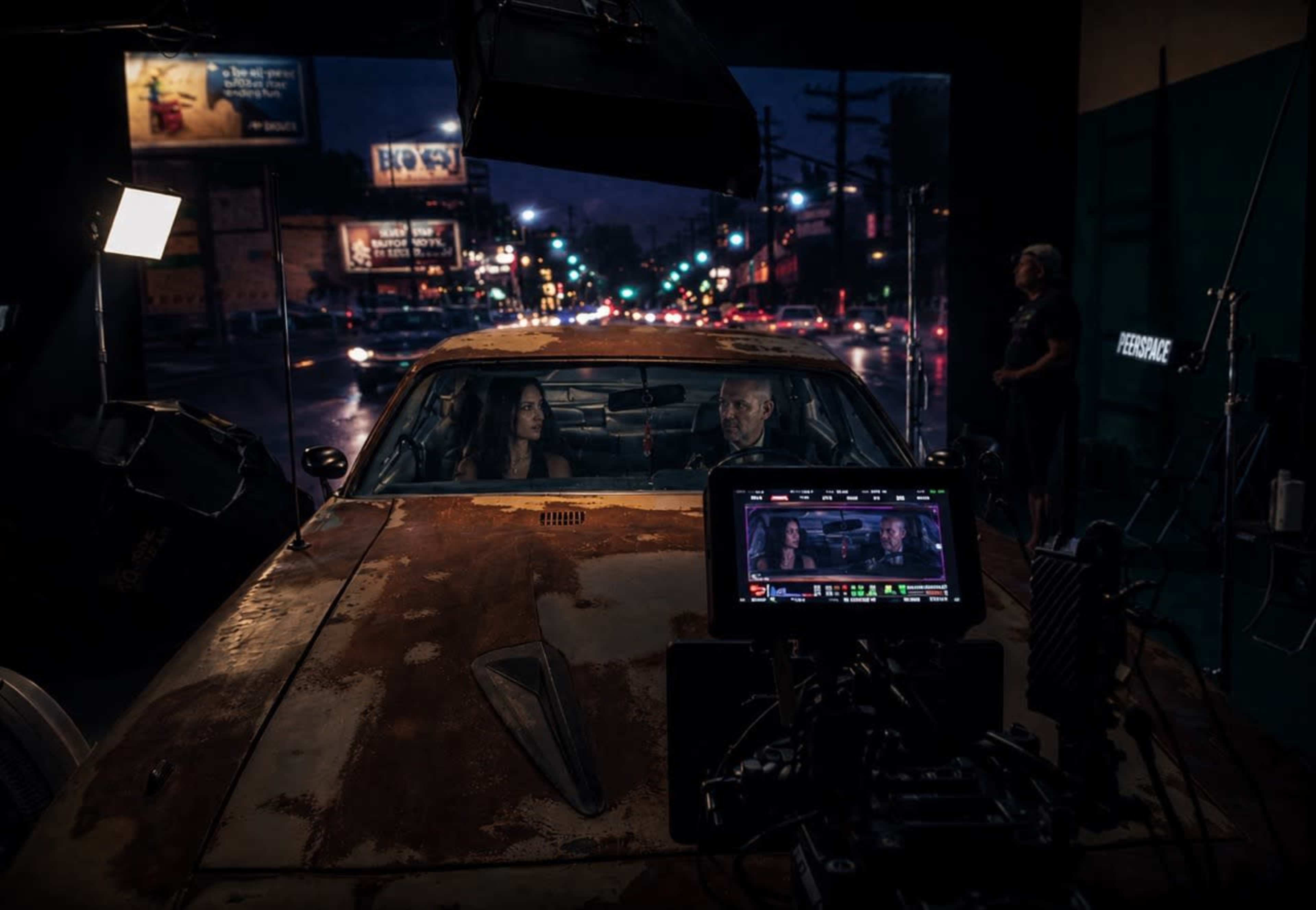 A film crew sets up a scene in a car with a city street backdrop illuminated by lights and billboards.