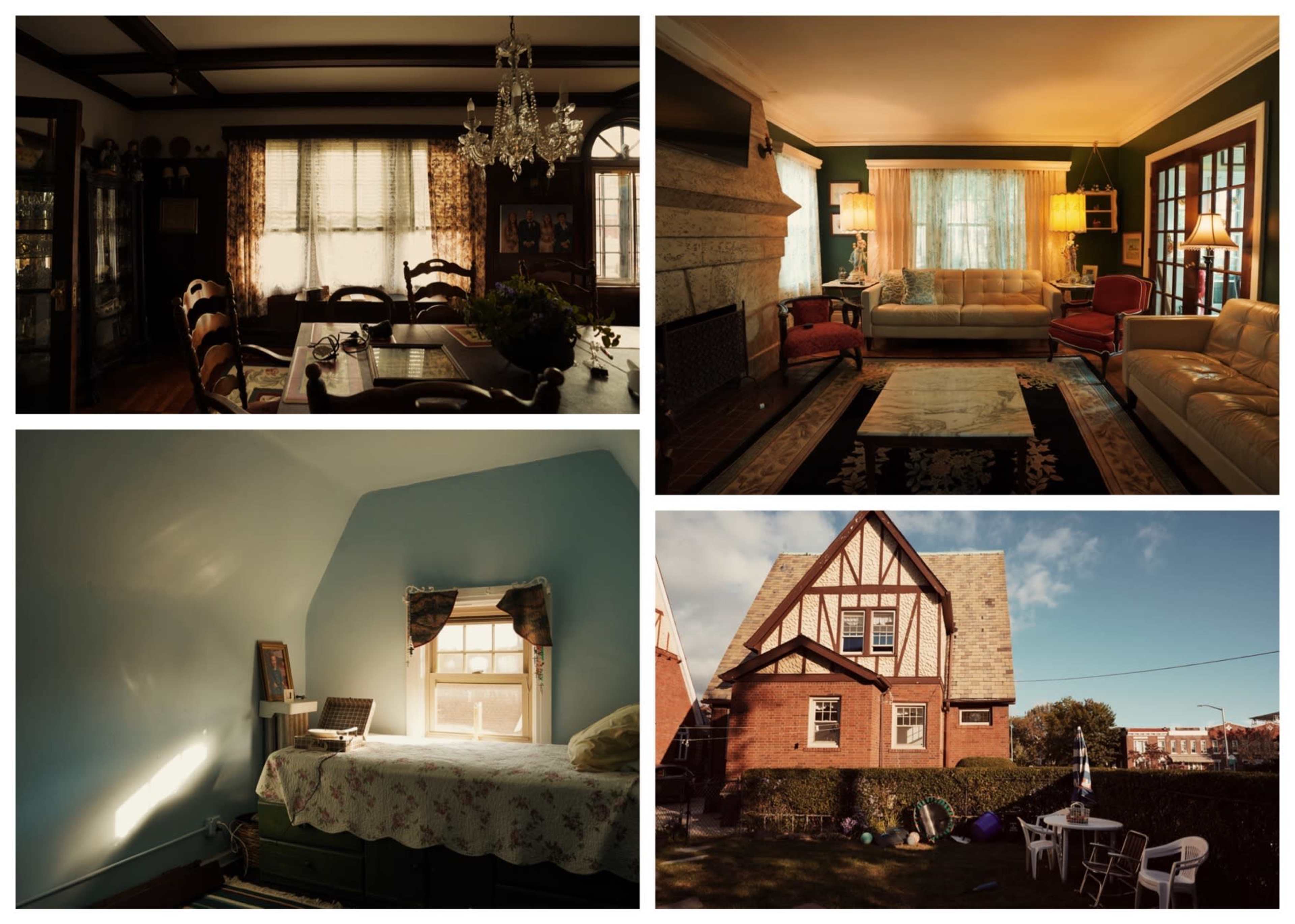 Four different rooms of a house: a dining area with a chandelier, a cozy living room with light streaming through the windows, a blue-walled bedroom with a bed and desk, and an exterior view of a brick house with a backyard.