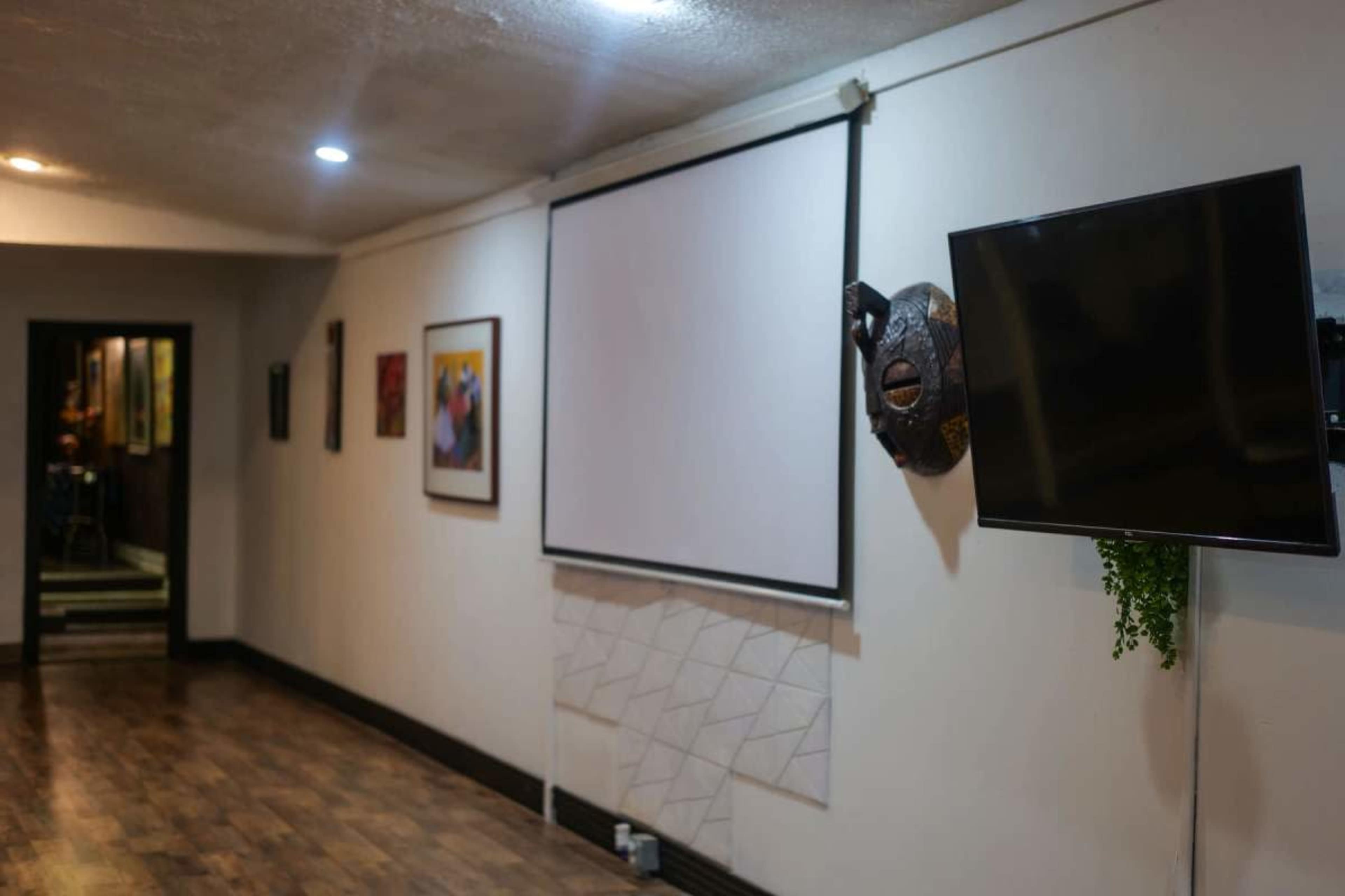 The image shows a corridor with a large white projection screen mounted on the wall, a television, and various framed artworks.