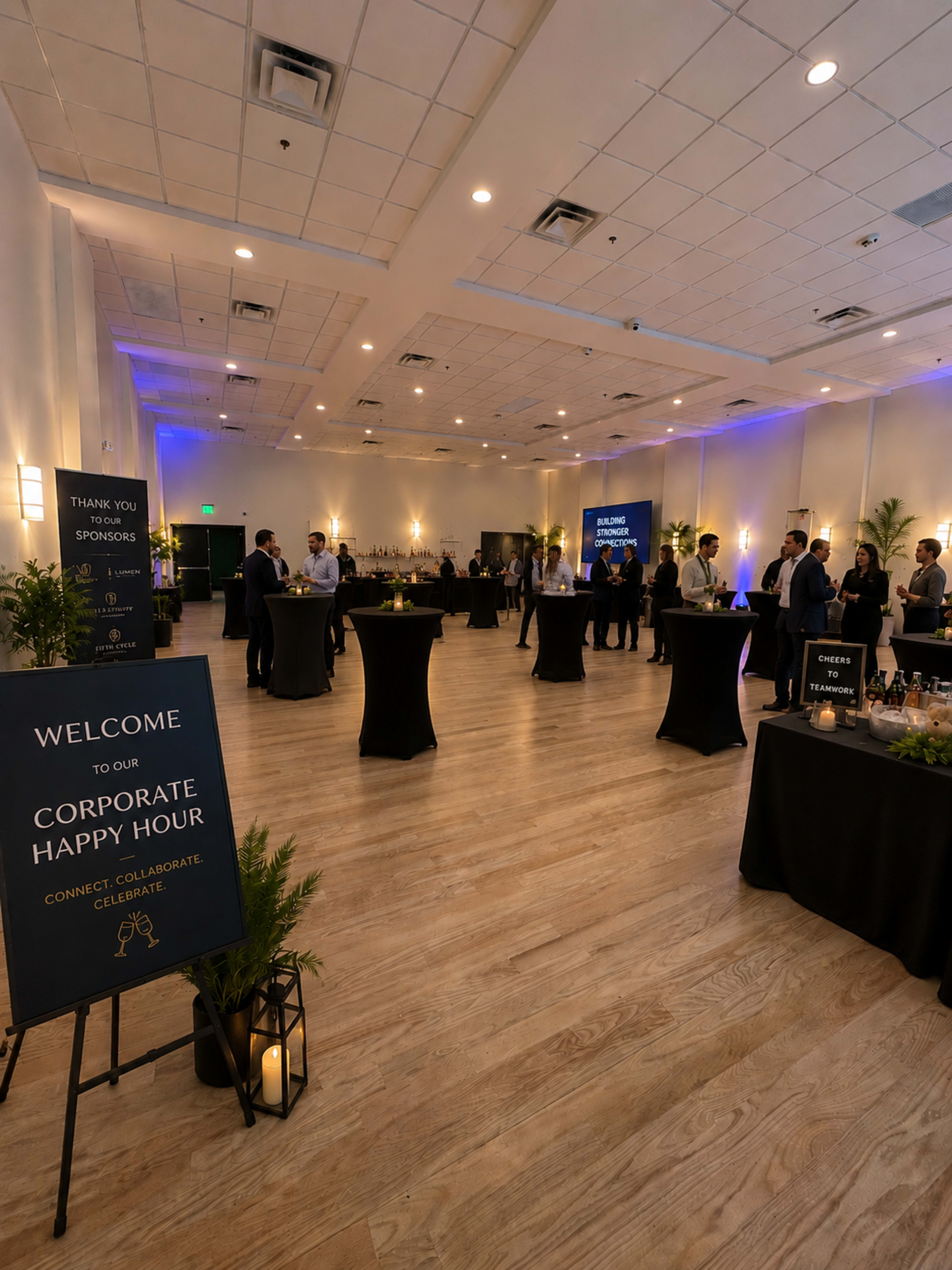 The image shows a well-organized corporate happy hour event with attendees gathered around high-top tables, displaying a welcome sign and sponsor thank-you banners in a brightly lit room.
