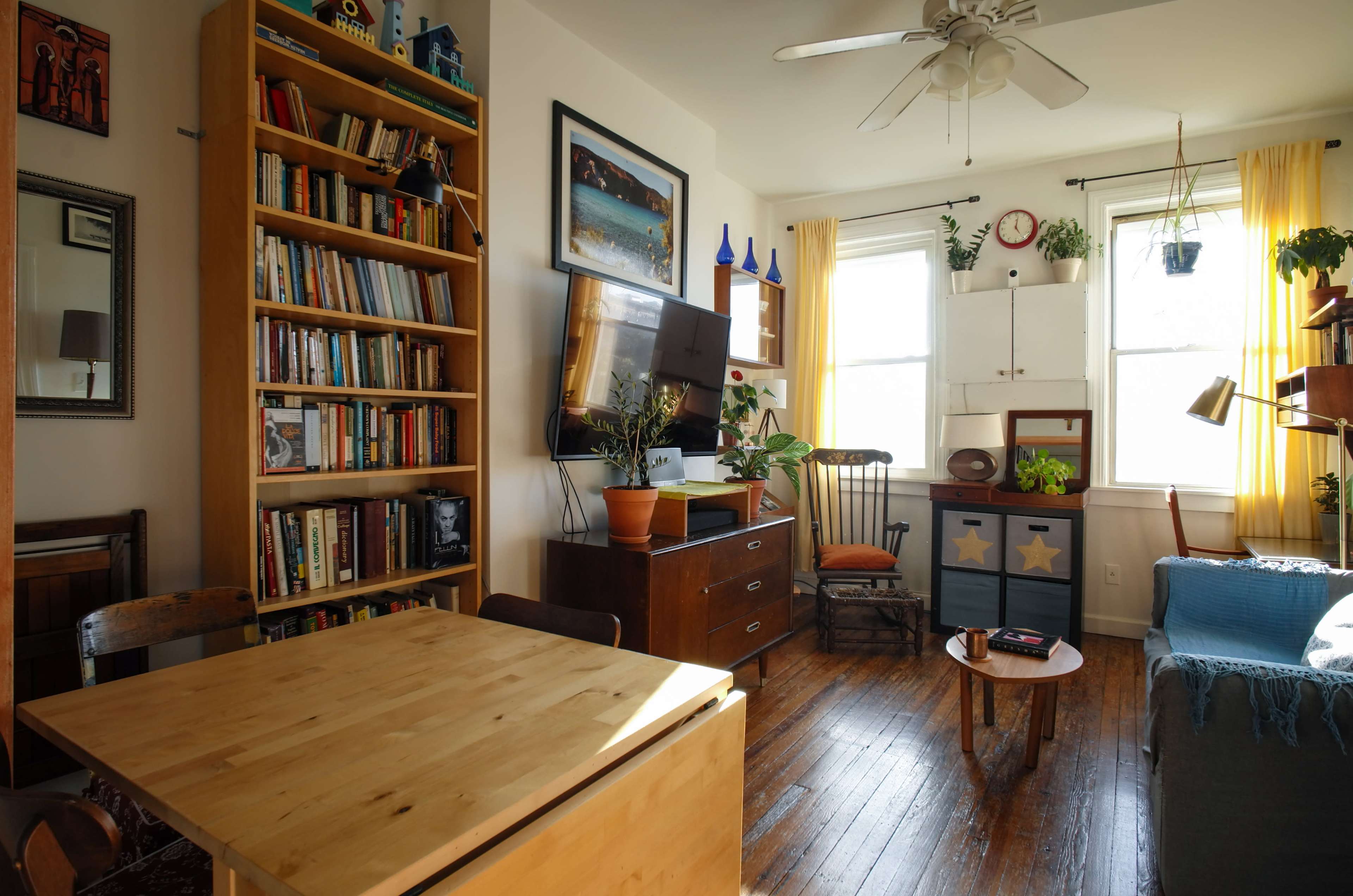 A cozy living room with a wooden bookshelf, a television mounted on the wall, a wooden table, and various plants in the windows.