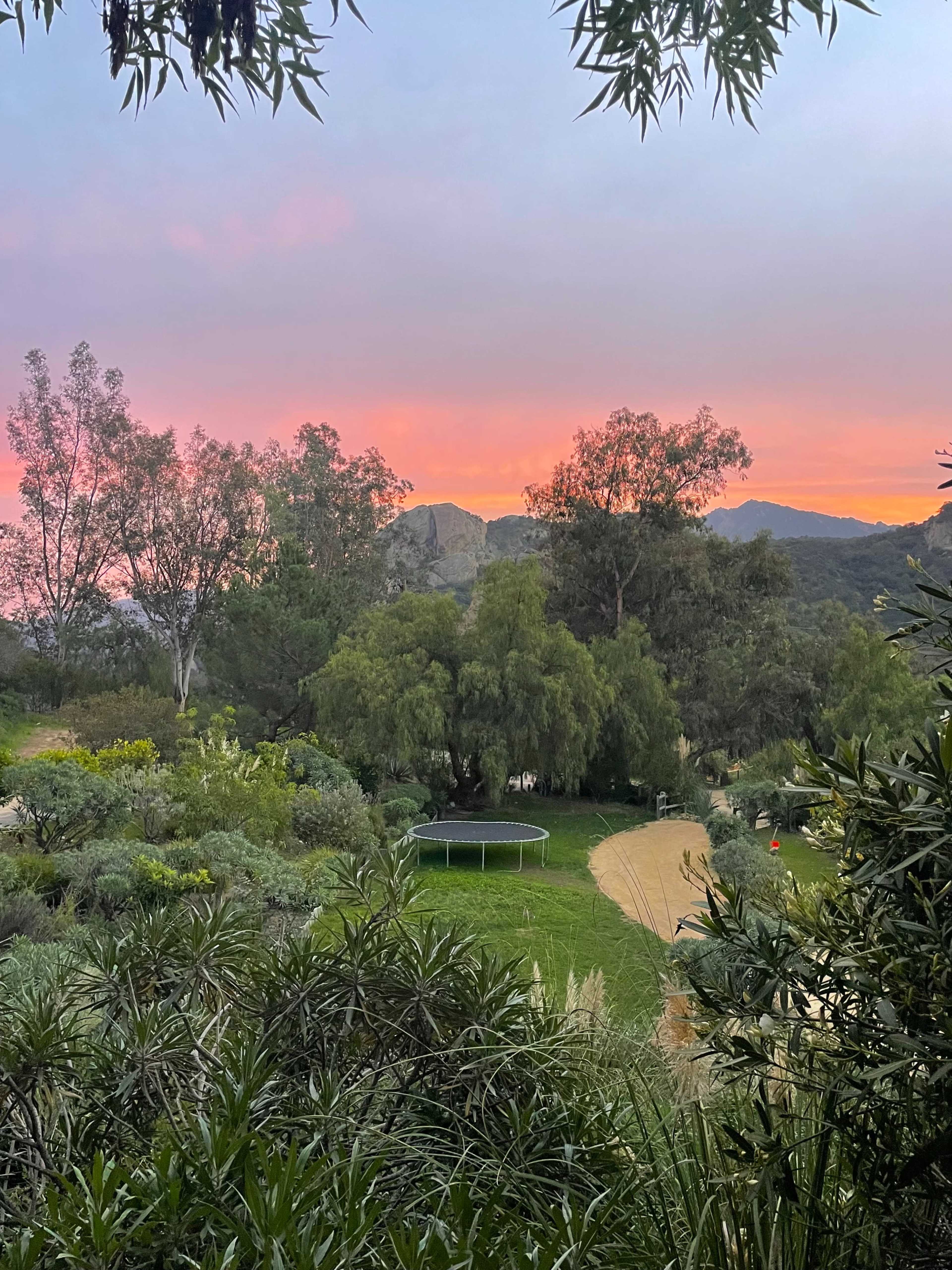 A vibrant sunset illuminates the sky above a landscaped area featuring trees, shrubs, and a trampoline facing distant mountains.