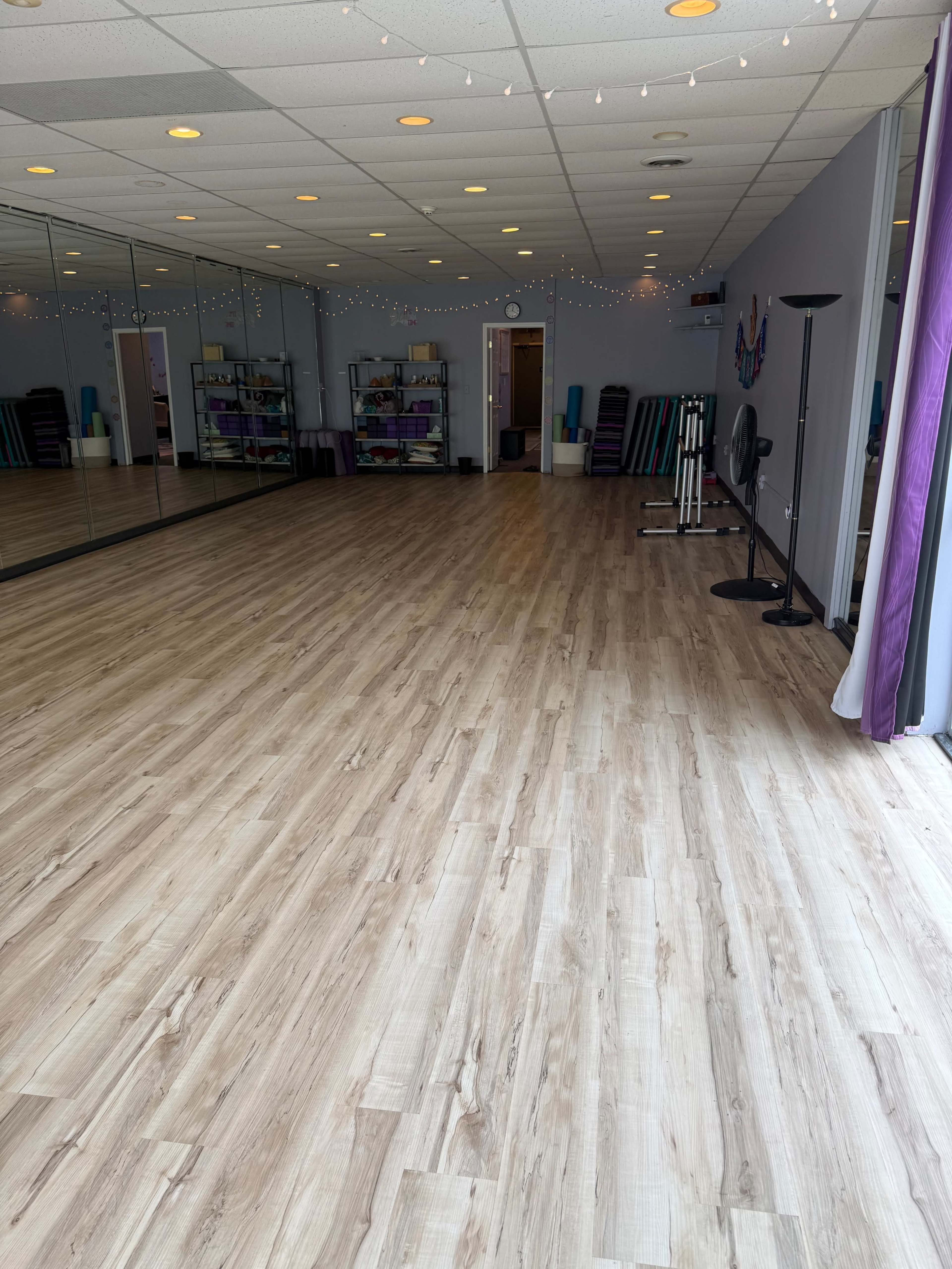 The image shows an indoor studio space with wooden flooring, large mirrors on one wall, and various exercise equipment neatly arranged in the background.