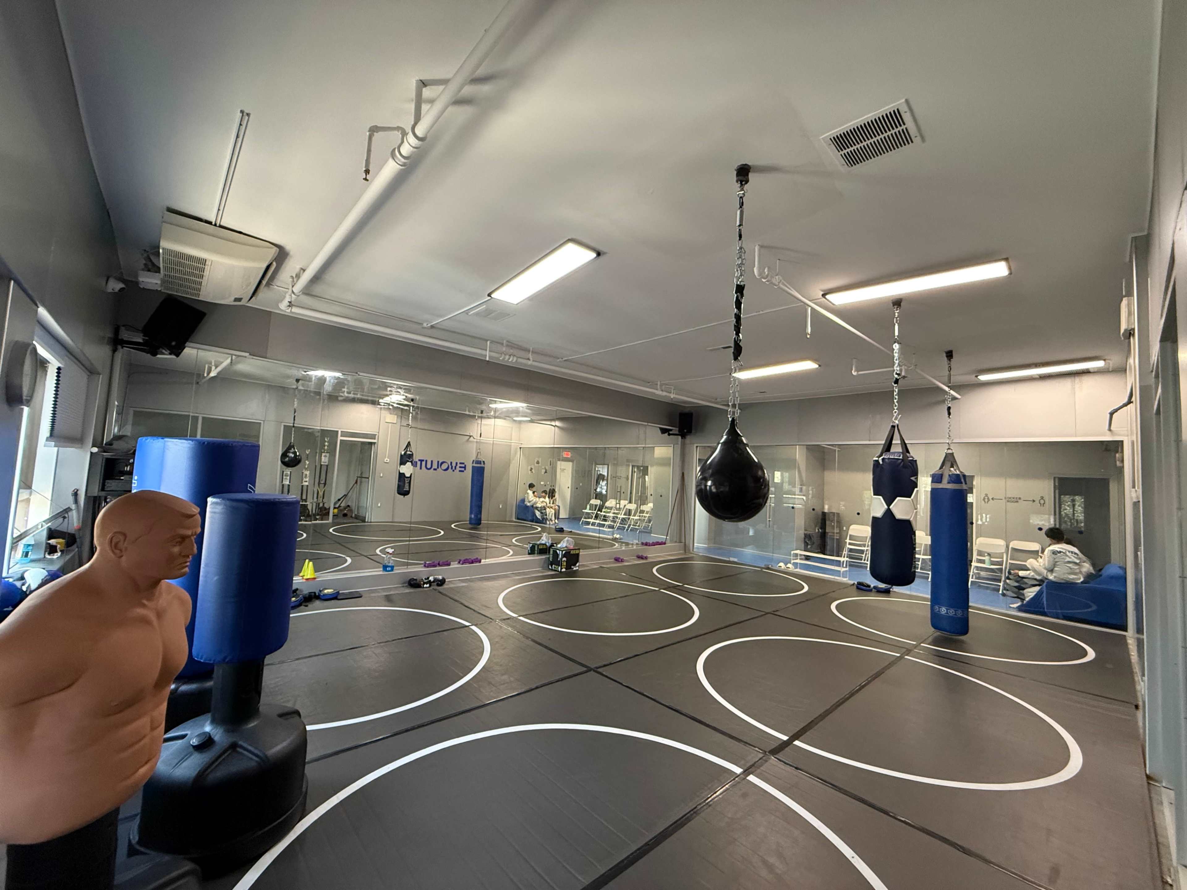 The image shows a training gym with multiple exercise mats, hanging punching bags, and various workout equipment.