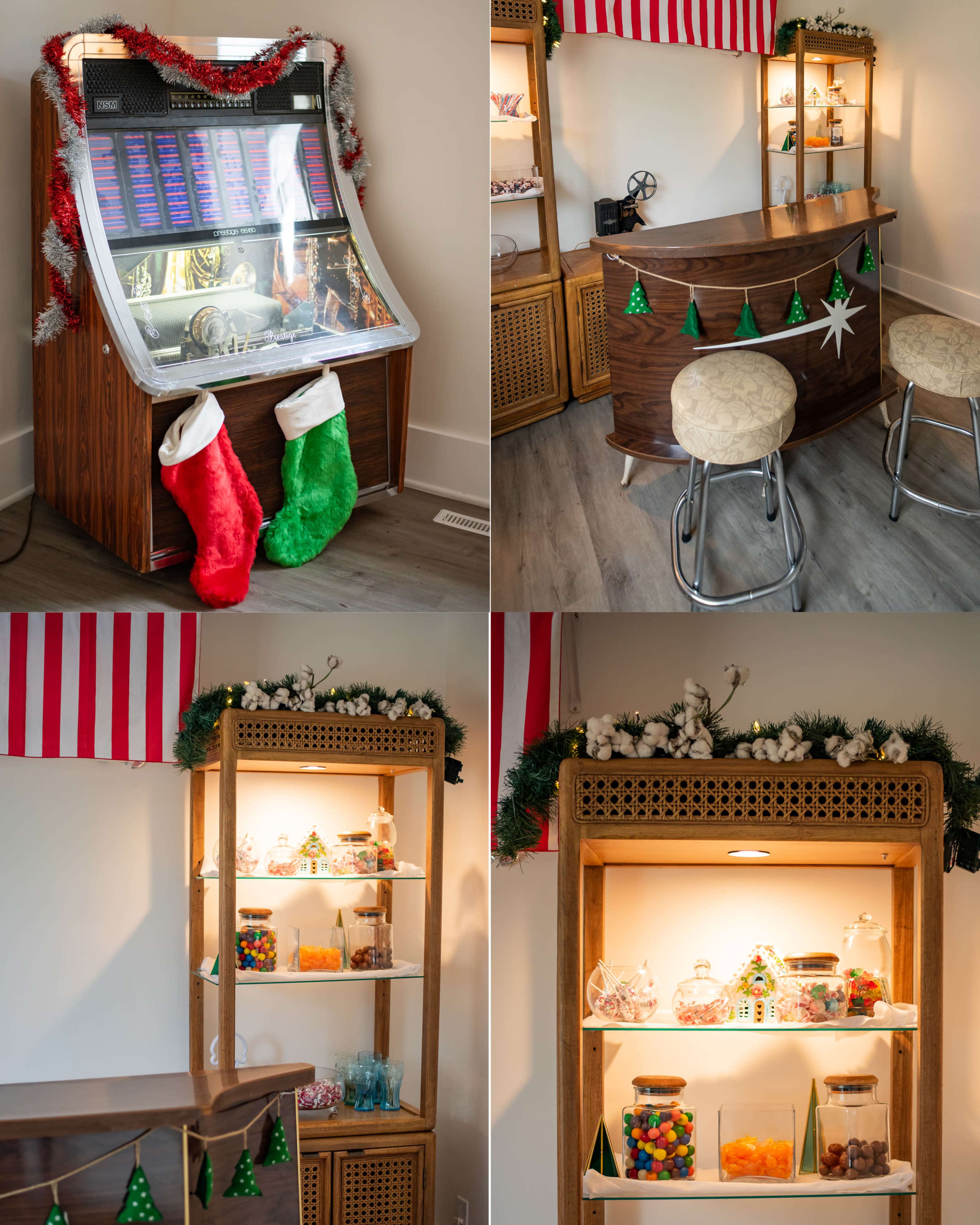 The image depicts a festive indoor space featuring a vintage jukebox adorned with holiday decorations, a wooden bar with stools, and shelves filled with colorful candies and holiday-themed decor.