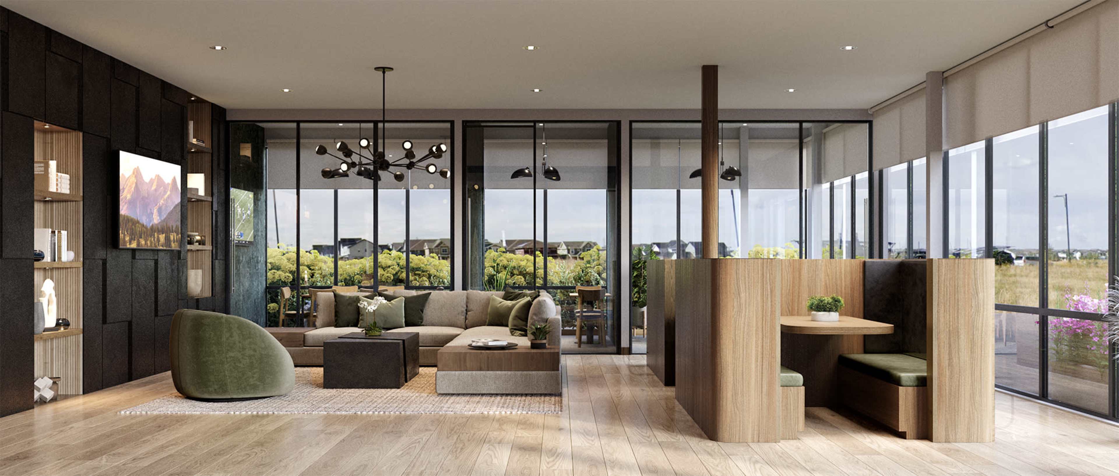 The image features a modern living space with large windows, wooden flooring, and contemporary furniture, including a cozy seating area and a private nook.