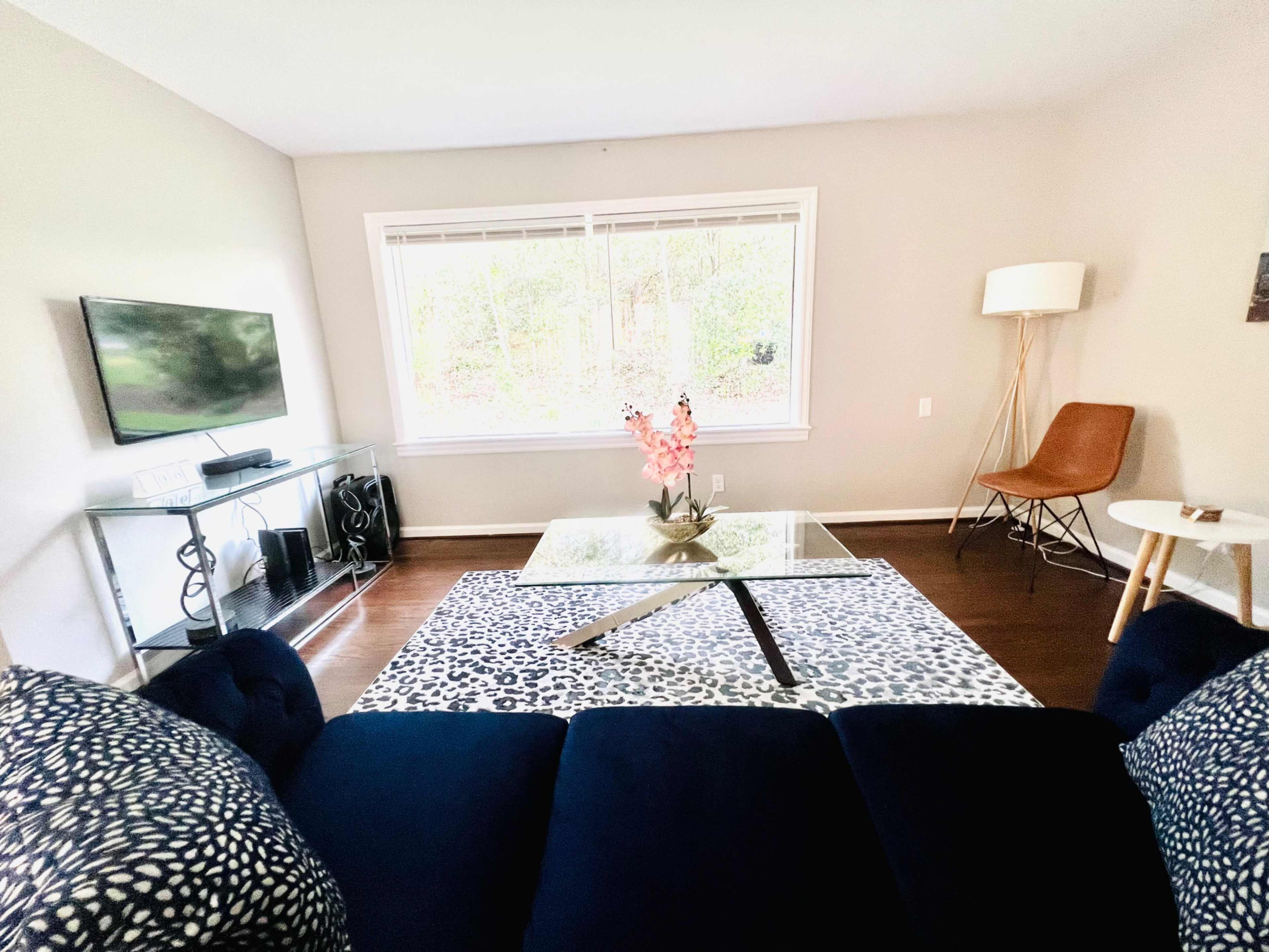The living room features a glass coffee table on a patterned rug, a large window allowing natural light, a television, and modern seating arrangements.