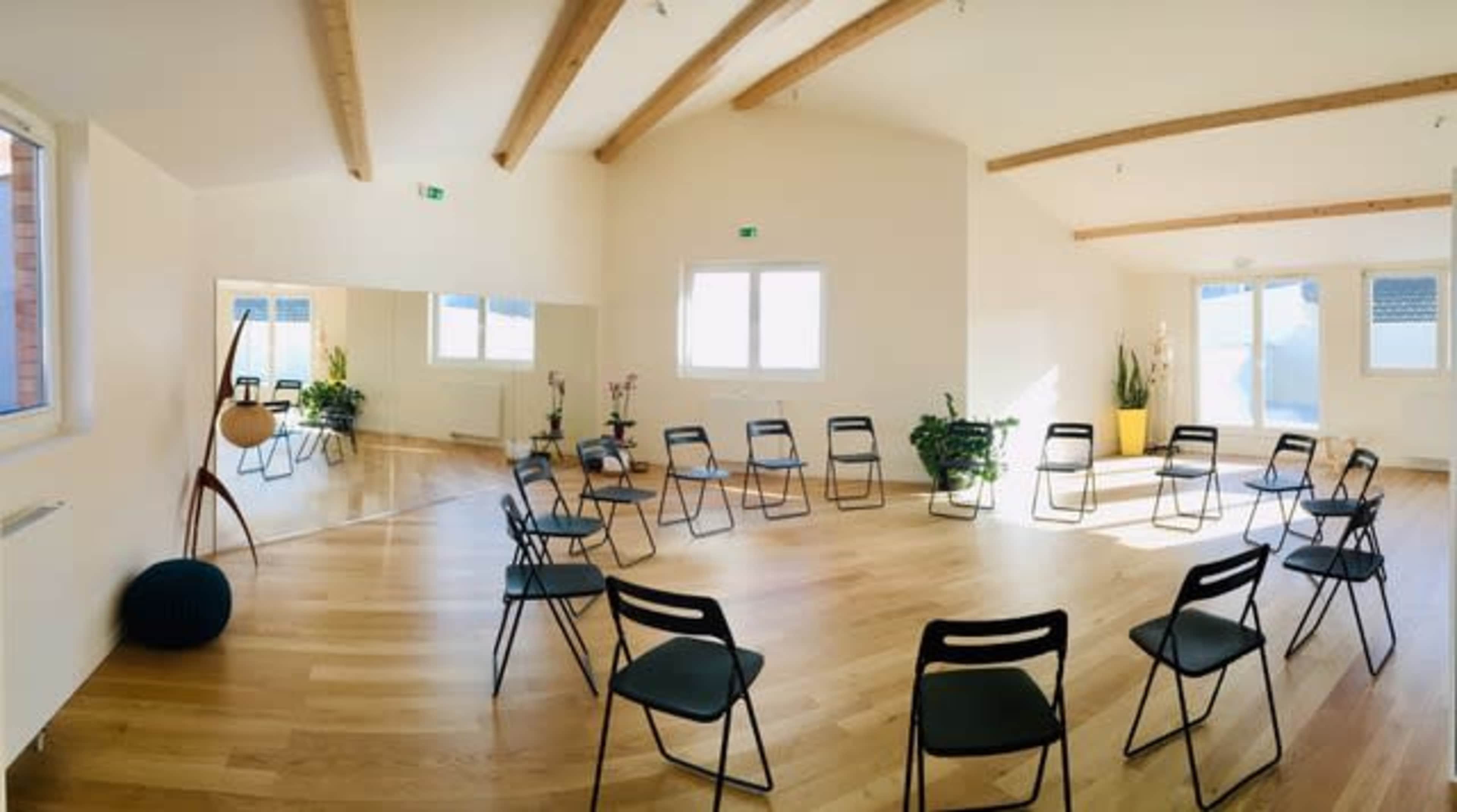 A circular arrangement of black chairs is set up in a bright, wooden-floored room with large windows and plants.