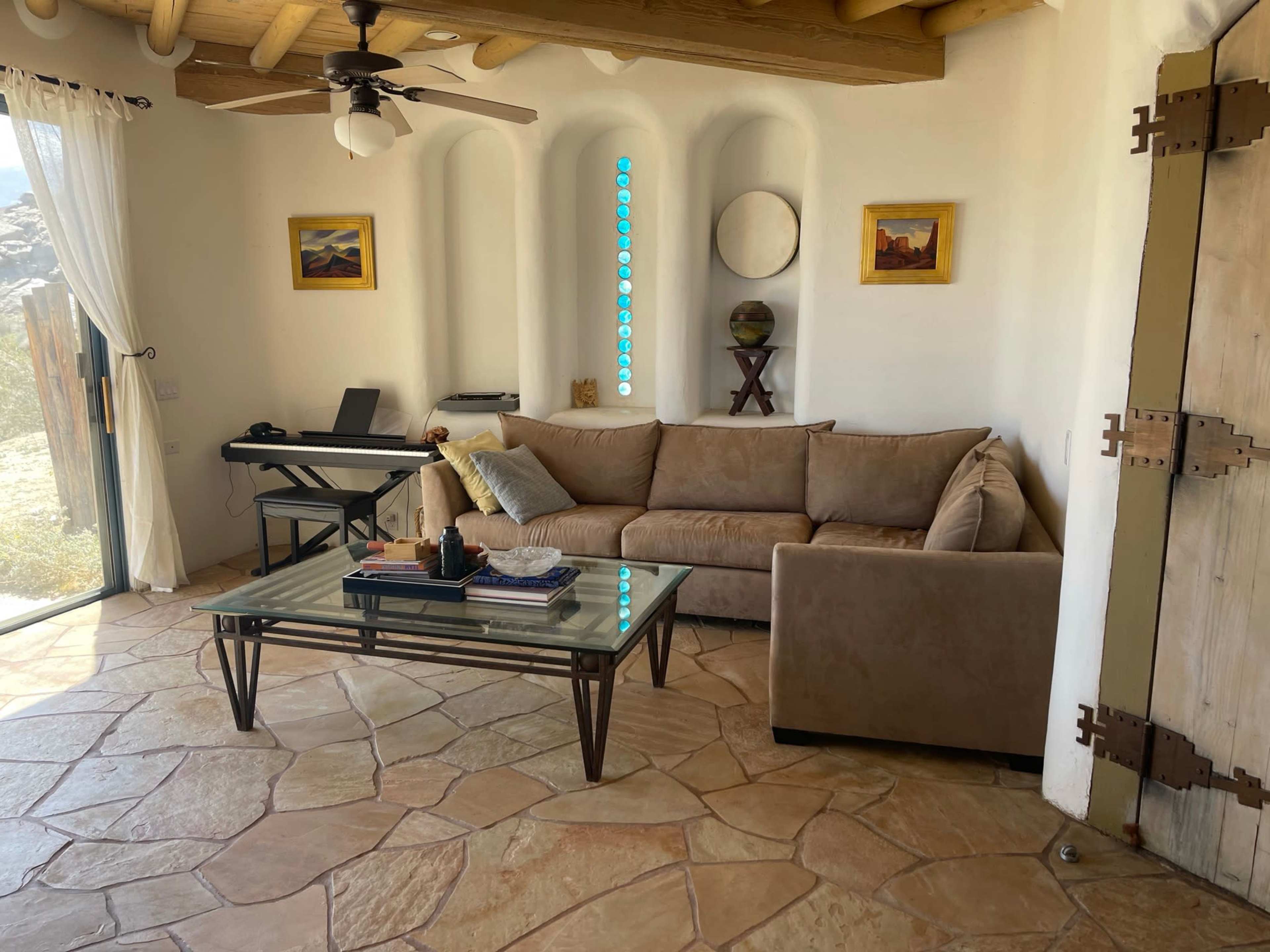 50-mile vista,  desert mountain home,  rustic interior, heavy timber ceilings, stone floors, with pool, hot tub - 45 mins from Palm Springs or Coachella site Image in , Mountain Center, CA