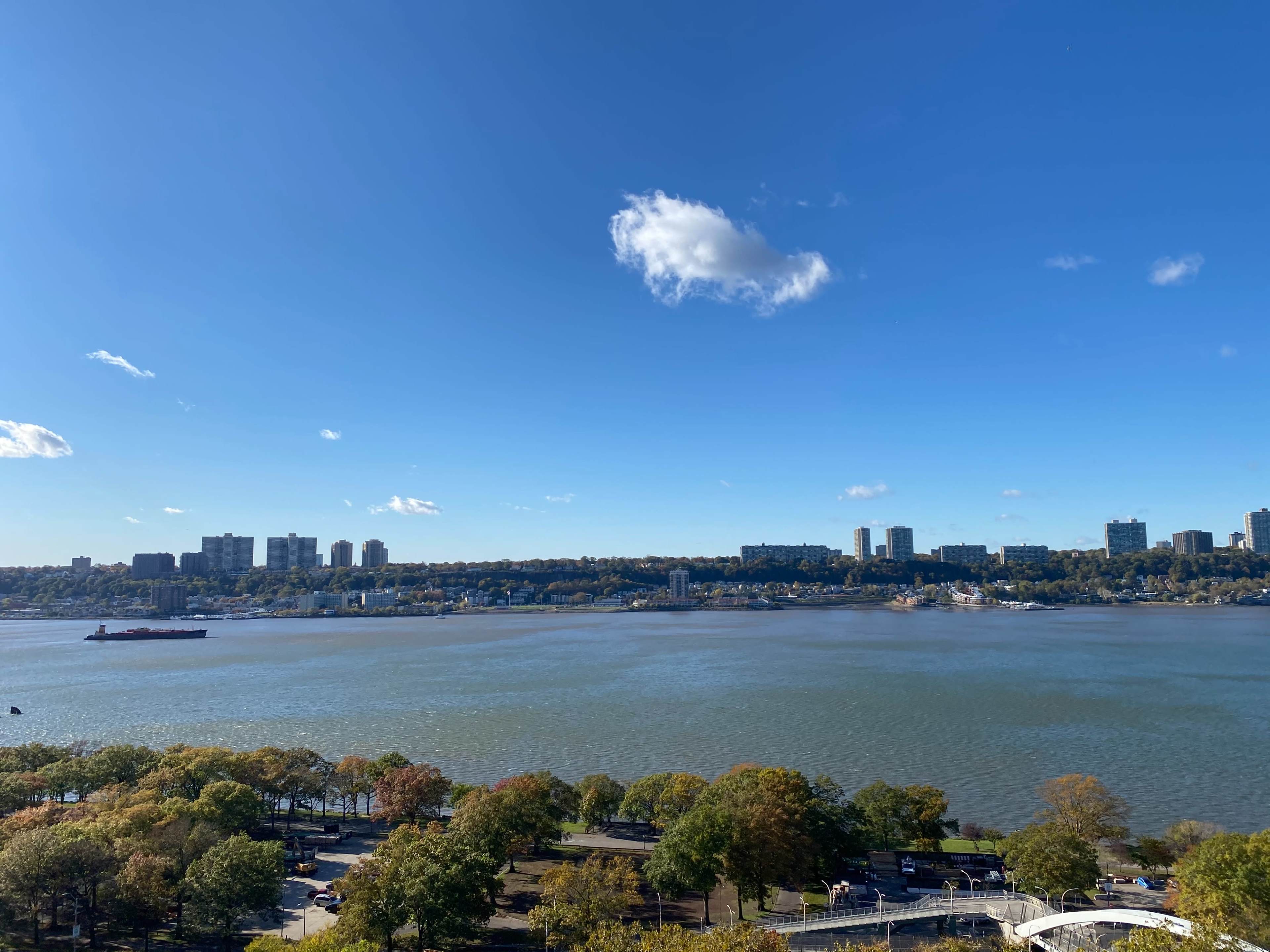 The image shows a wide view of a river bordered by trees and buildings under a clear blue sky.