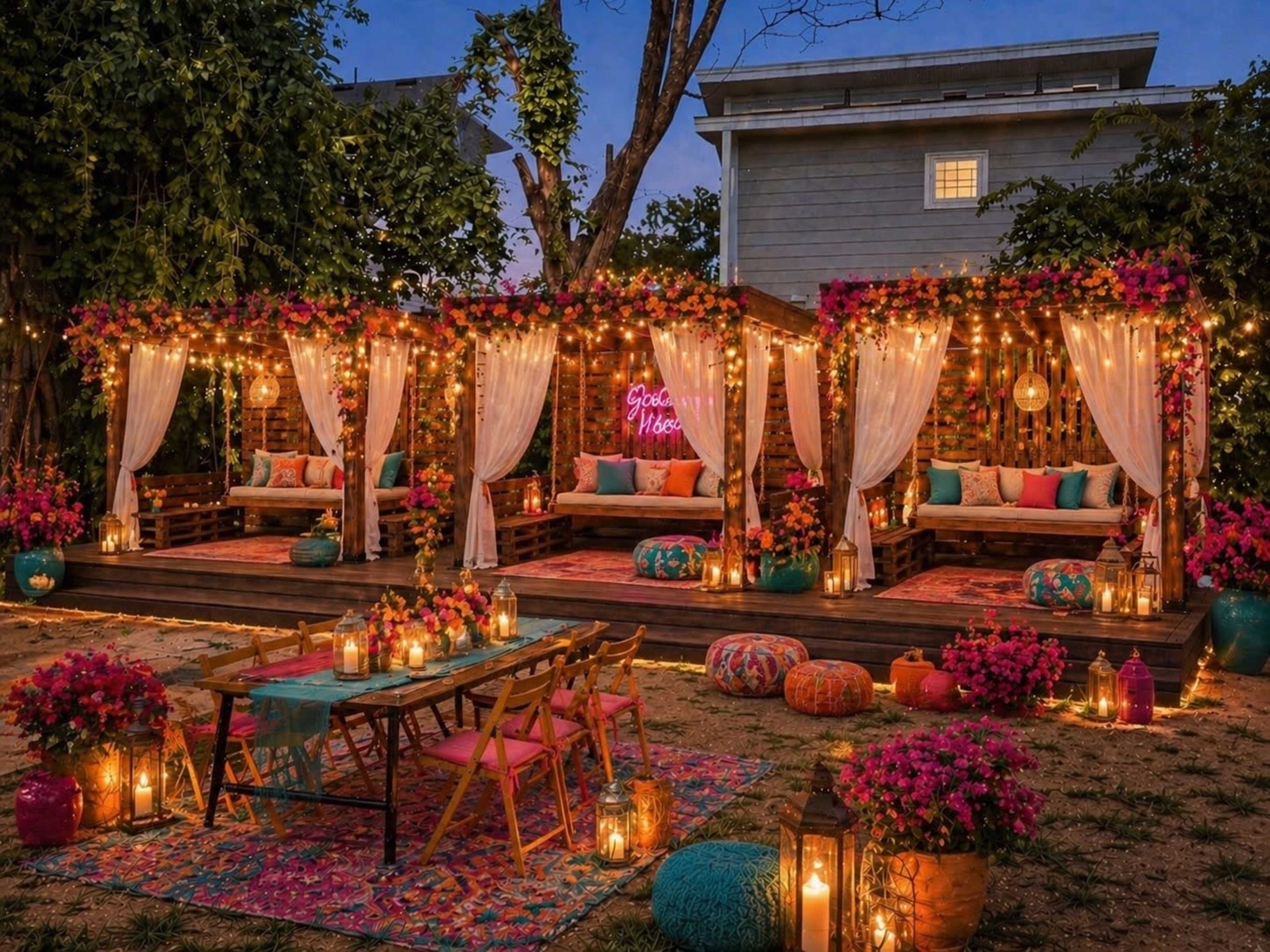 The scene depicts a beautifully decorated outdoor patio with seating areas, vibrant flowers, string lights, and a dining setup surrounded by colorful cushions and lanterns.