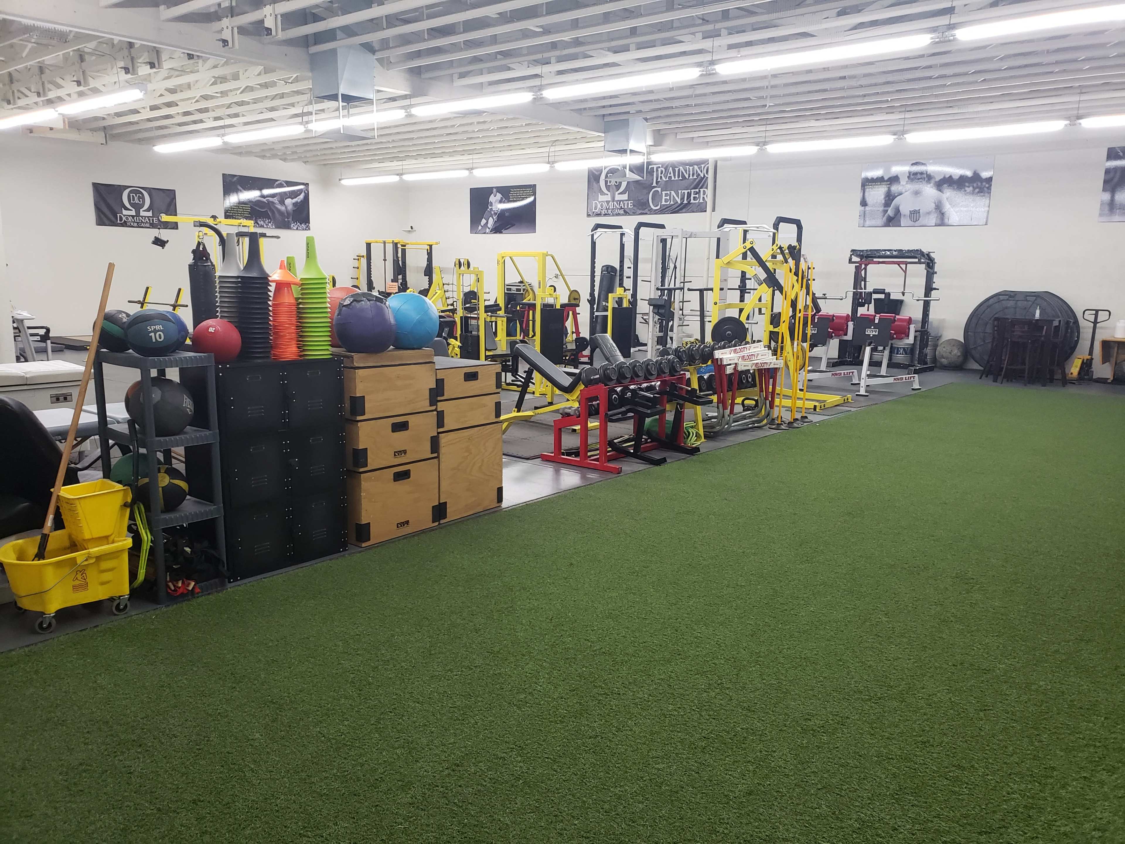 The image shows a well-equipped gym interior with various weightlifting and fitness equipment arranged along a turf-covered floor.