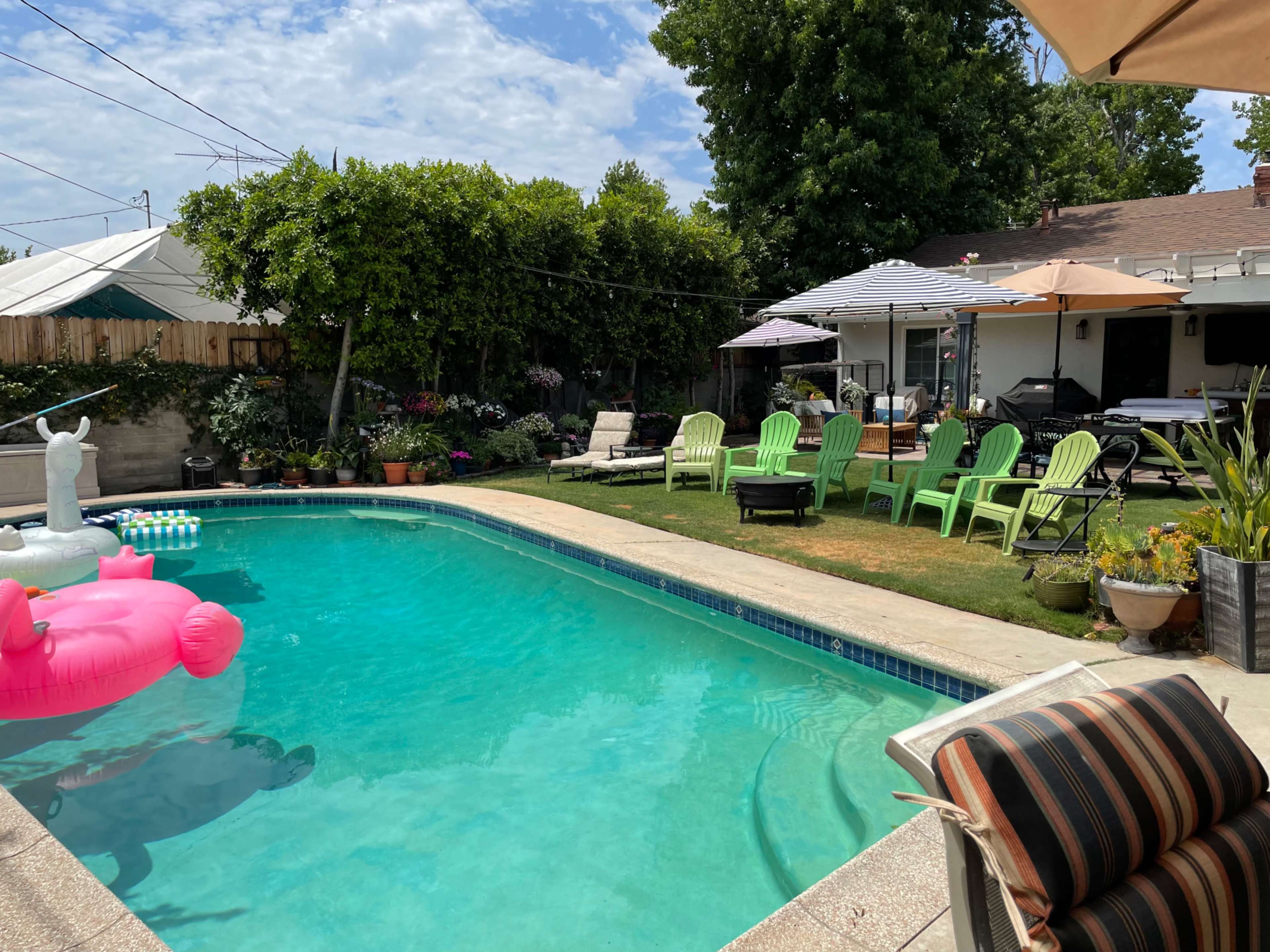 A residential backyard with a swimming pool, several lounge chairs, a pink inflatable unicorn, and a variety of potted plants and patio furniture.