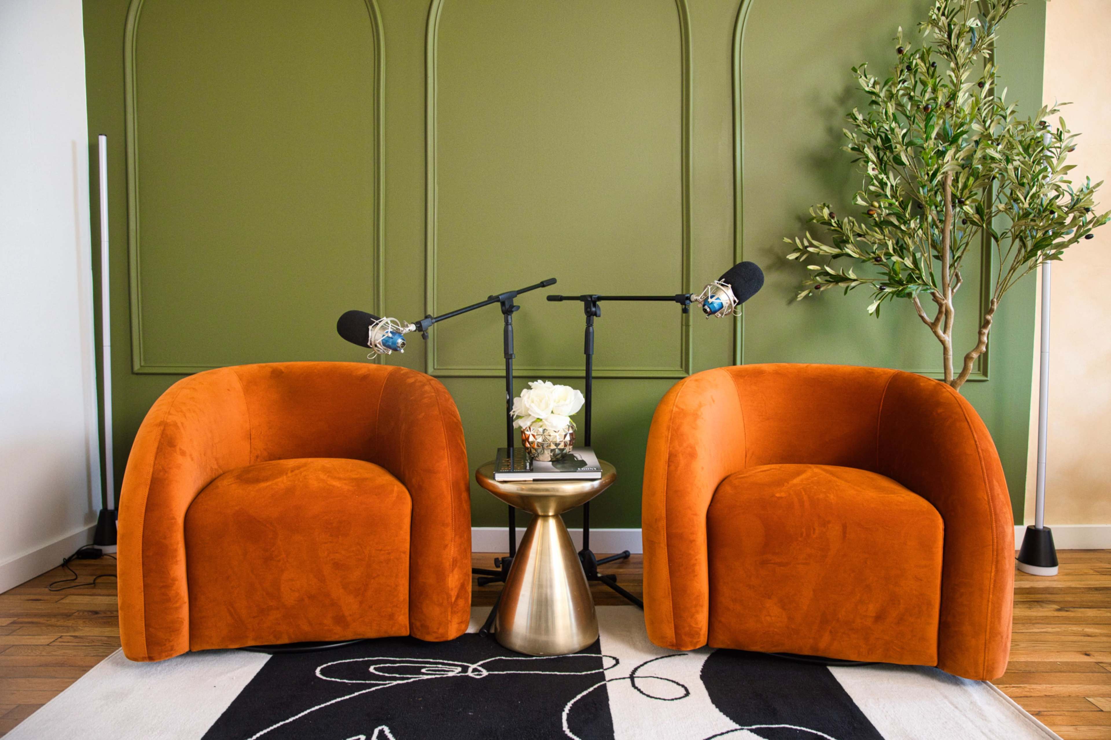 The scene features two orange chairs facing each other with a small gold table in between, topped with flowers and flanked by two microphones, set against a green wall and a decorative plant.