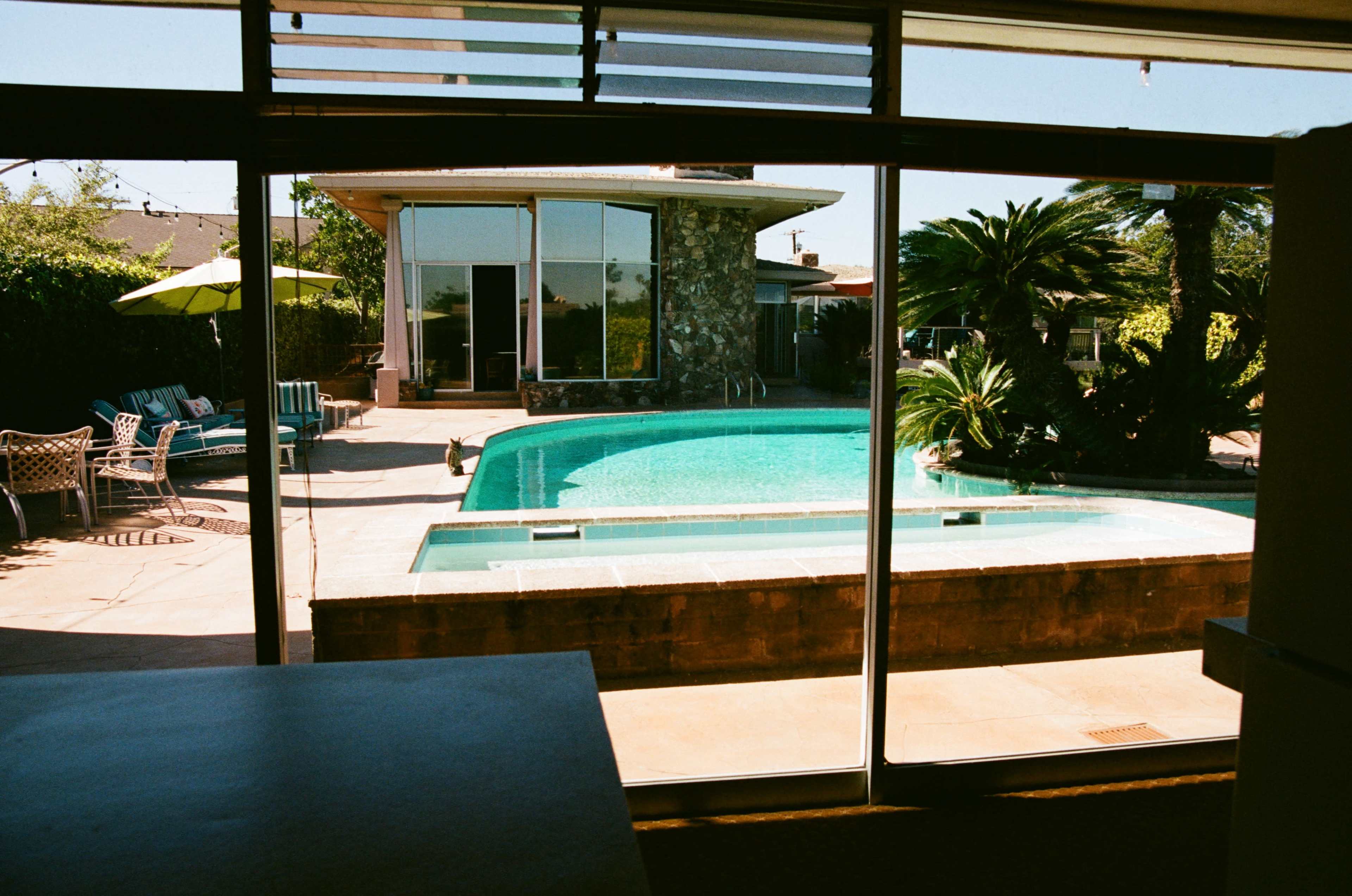 The image shows a clear view of a backyard with a swimming pool, surrounded by stone and palm trees, visible through large glass windows.
