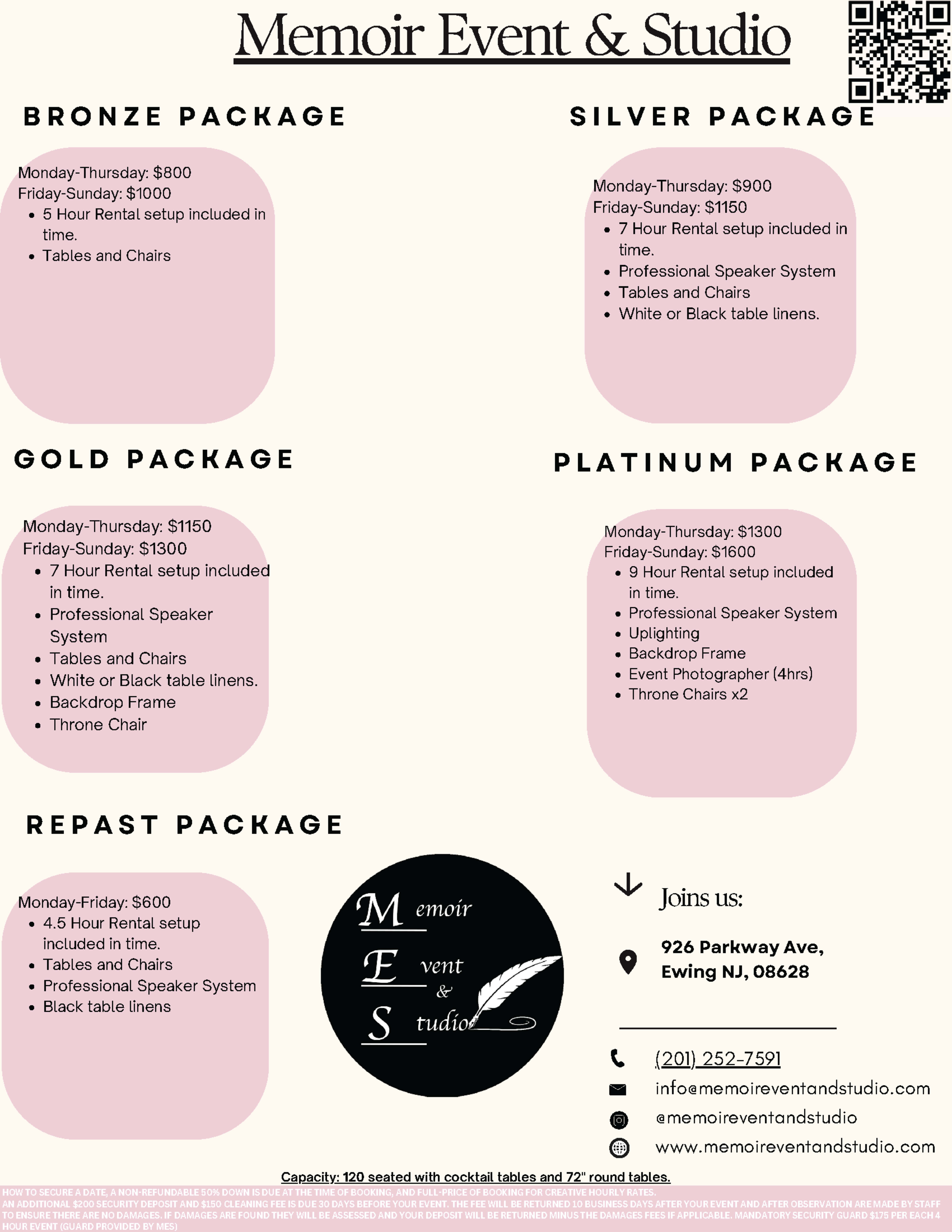 The image is a promotional brochure for Memoir Event & Studio, displaying various event packages with pricing and details for services offered from Monday to Thursday.
