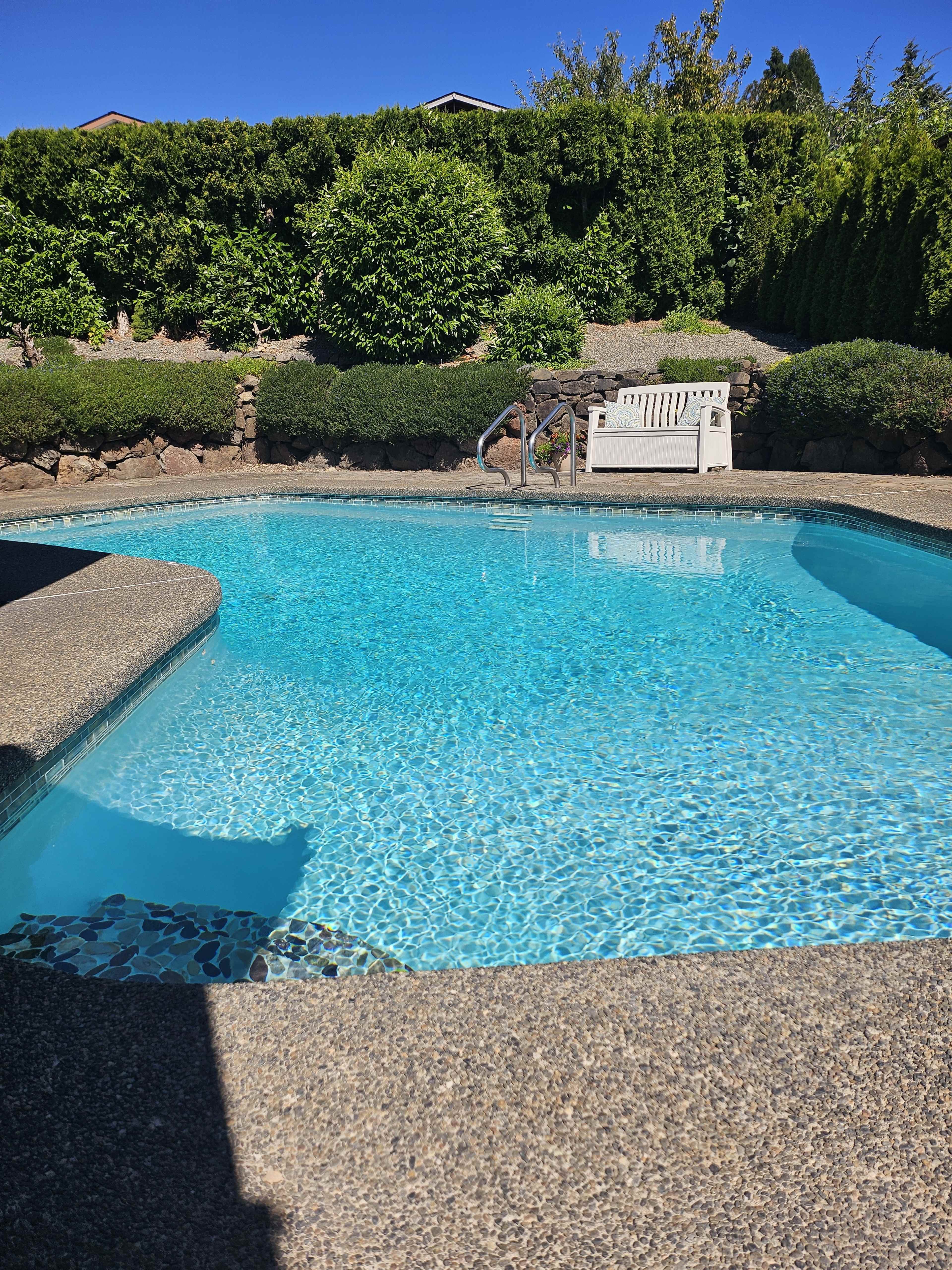 A clear blue swimming pool is surrounded by neatly trimmed greenery and a concrete deck.