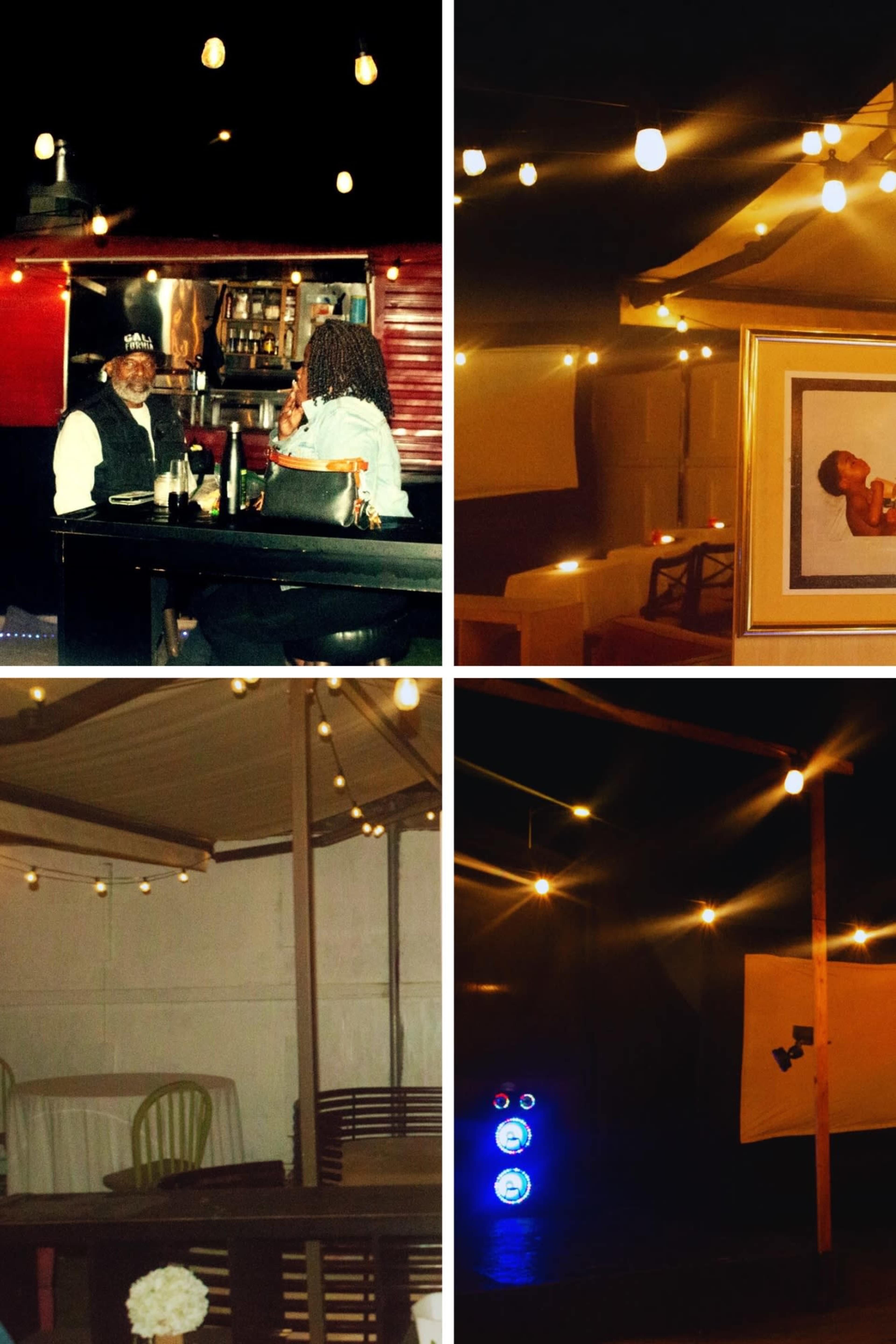 The image features two distinct scenes of dimly lit outdoor settings, one with patrons at a bar and the other showcasing a decorated area with string lights.