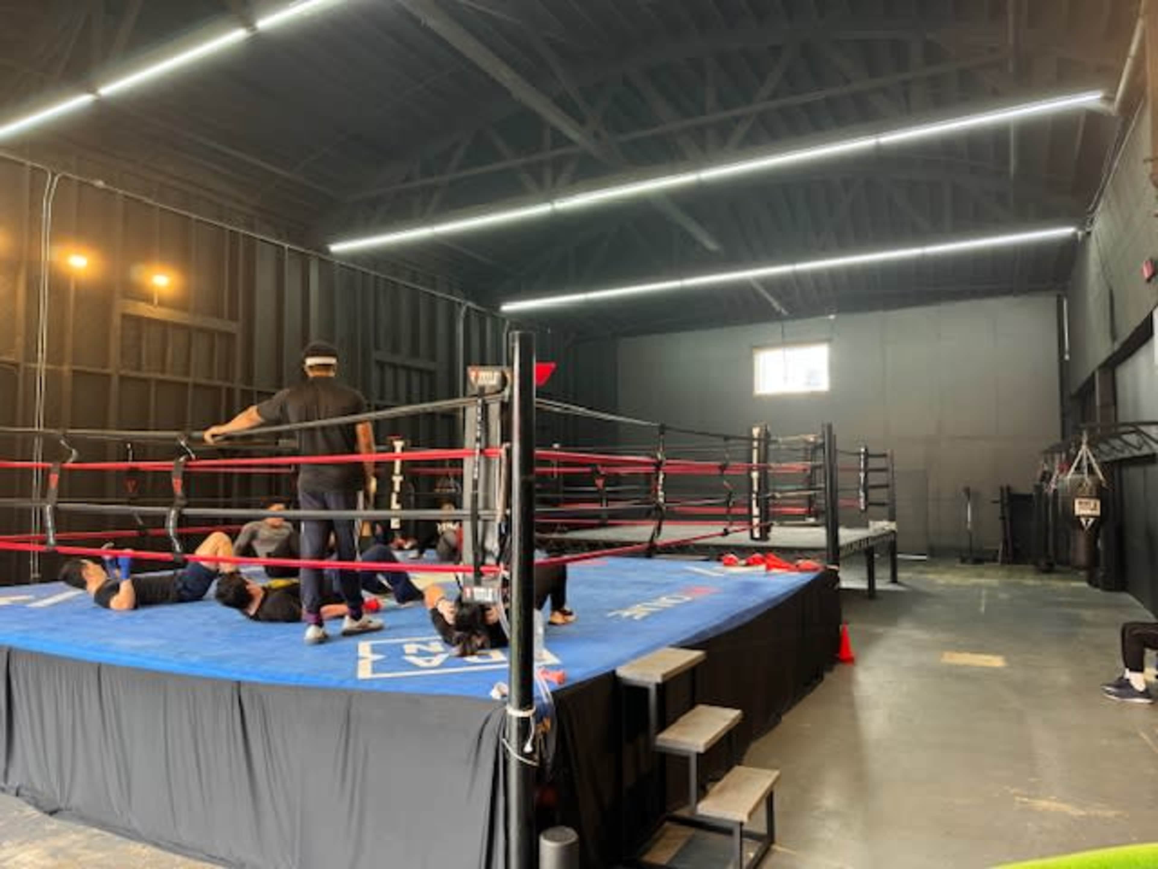 An indoor wrestling training facility with two wrestling rings and several individuals engaged in practice on the blue mat.