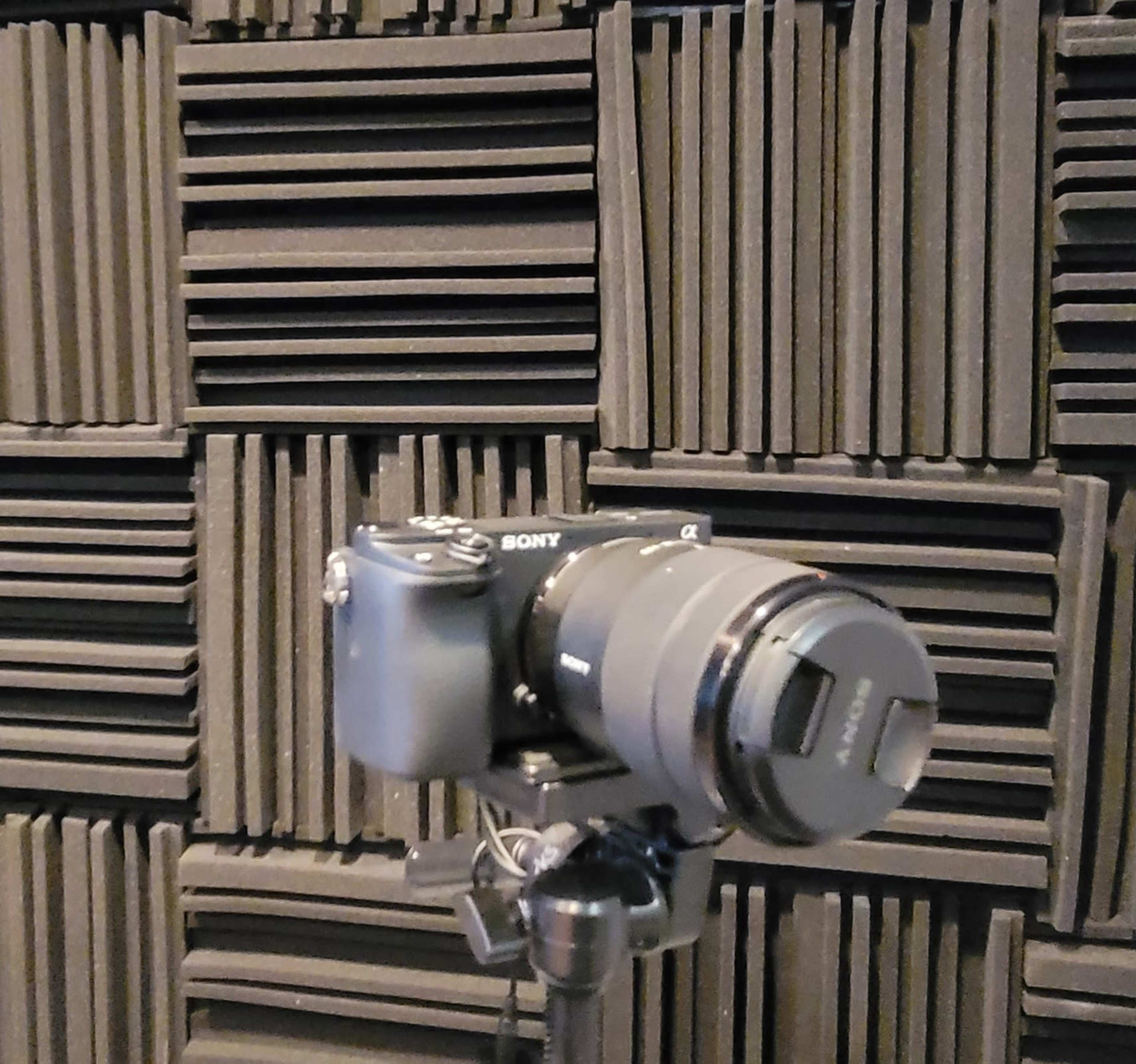 A Sony camera is mounted on a tripod in front of a wall of black acoustic foam panels.