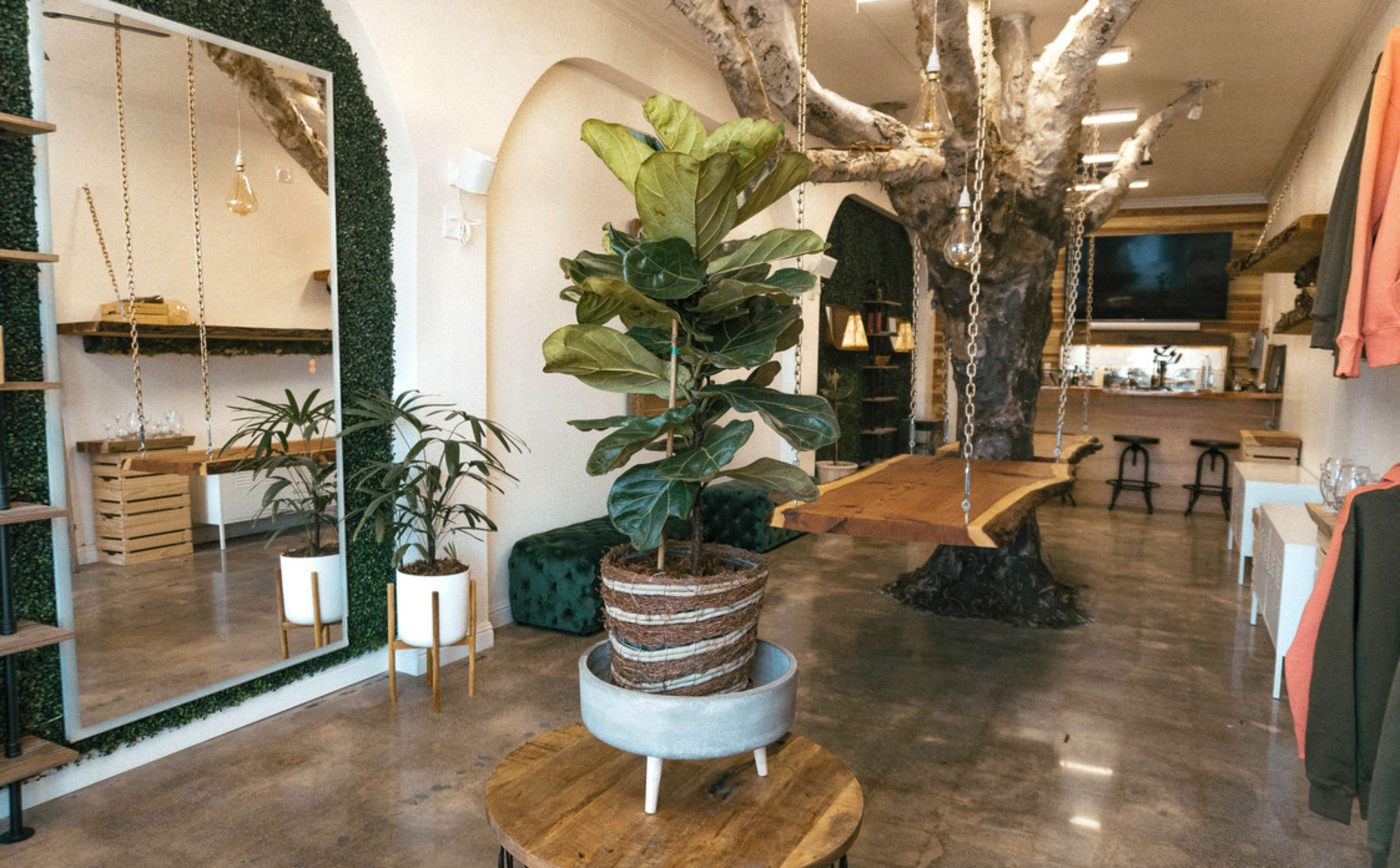 The scene depicts a modern interior space featuring a large tree, a table with a plant, and a mirror against a wall, along with a swing hanging from the ceiling.