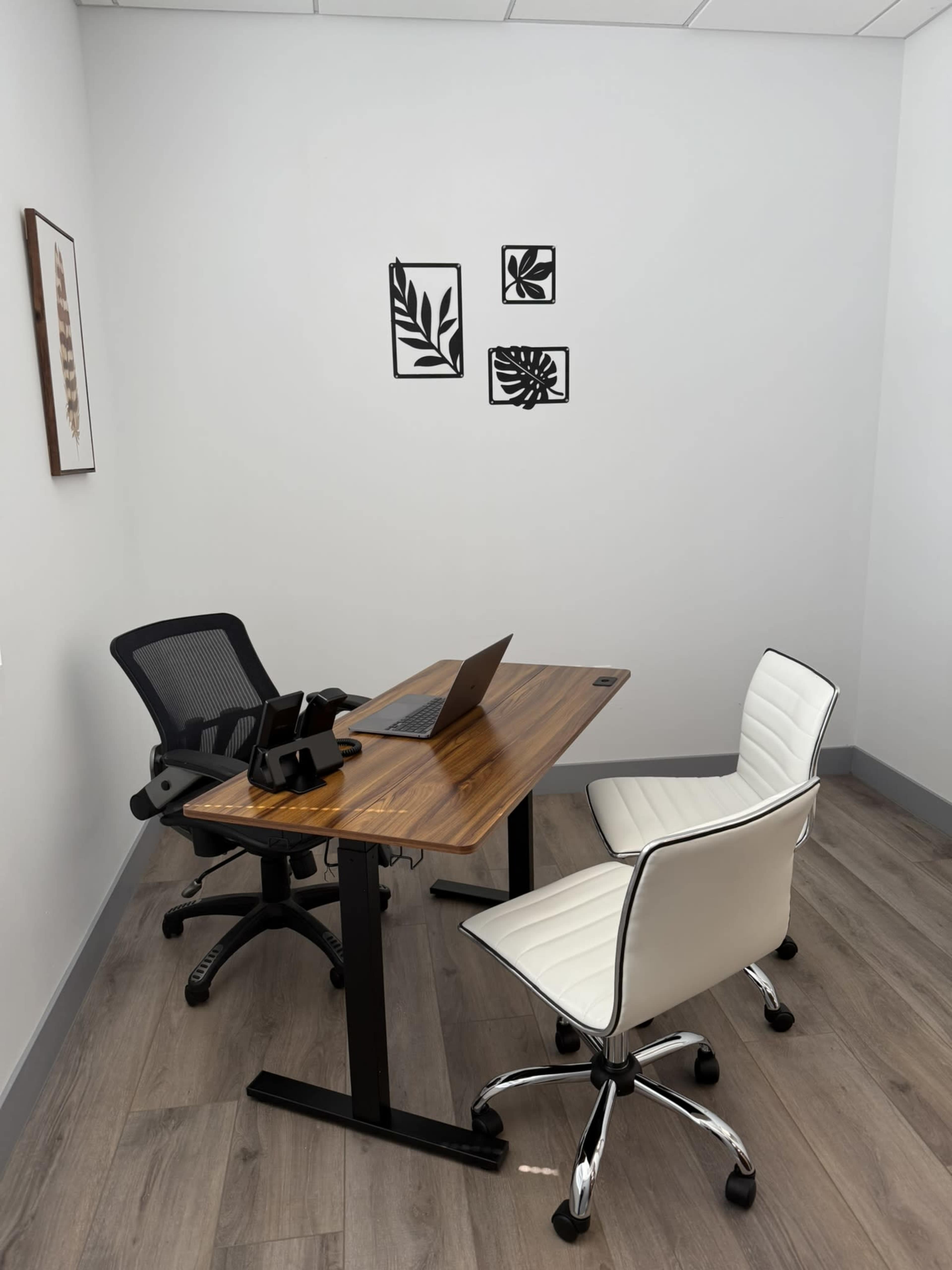 The image shows a small office space featuring a wooden desk with a laptop, two office chairs, and wall art consisting of leaf designs.