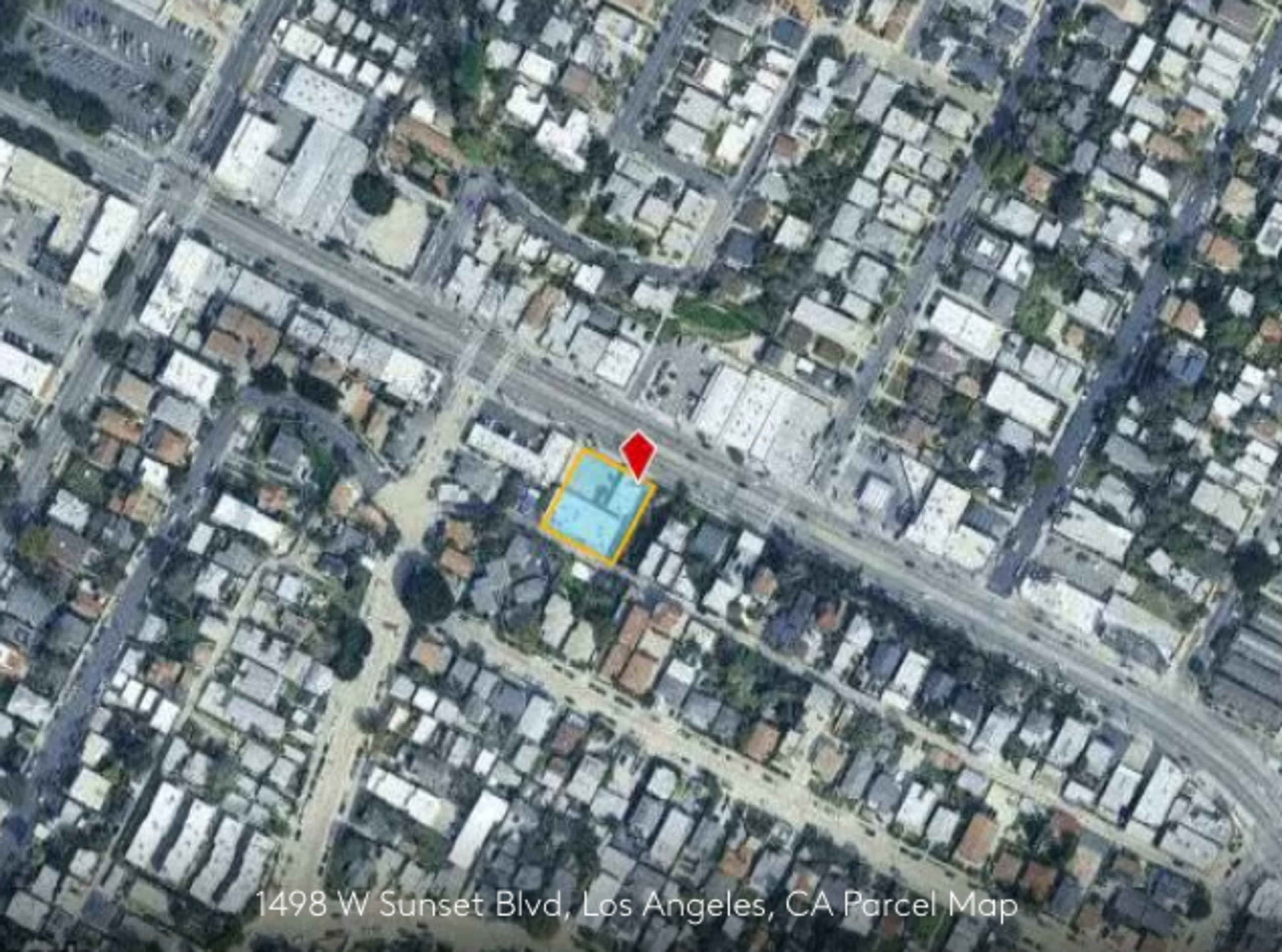 The image is an aerial view of a parcel map highlighting a property on Sunset Boulevard in Los Angeles, surrounded by residential and commercial areas.
