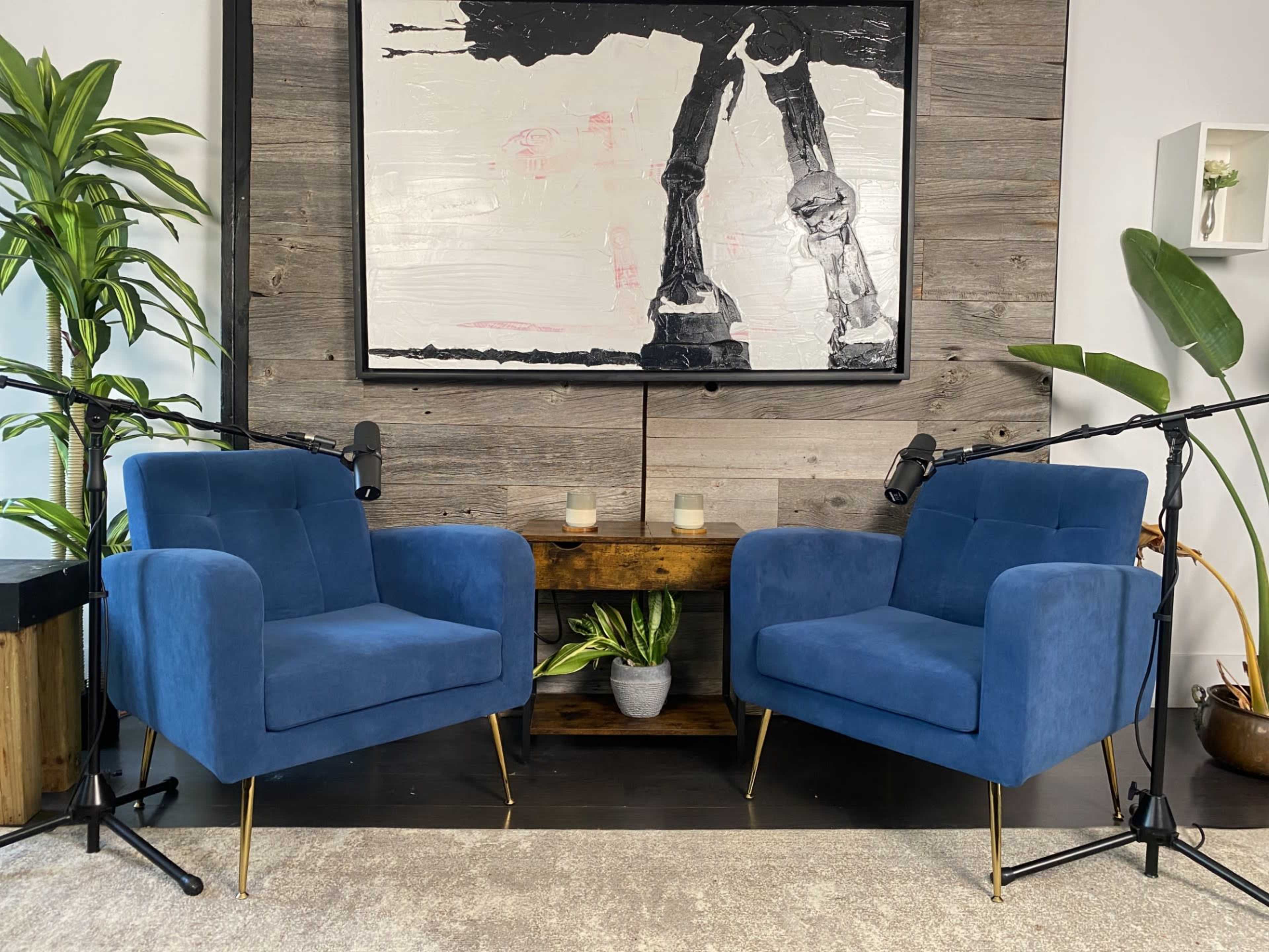 Two blue armchairs facing each other in a room with a wooden accent wall, a piece of artwork above, and microphones on stands positioned beside each chair.