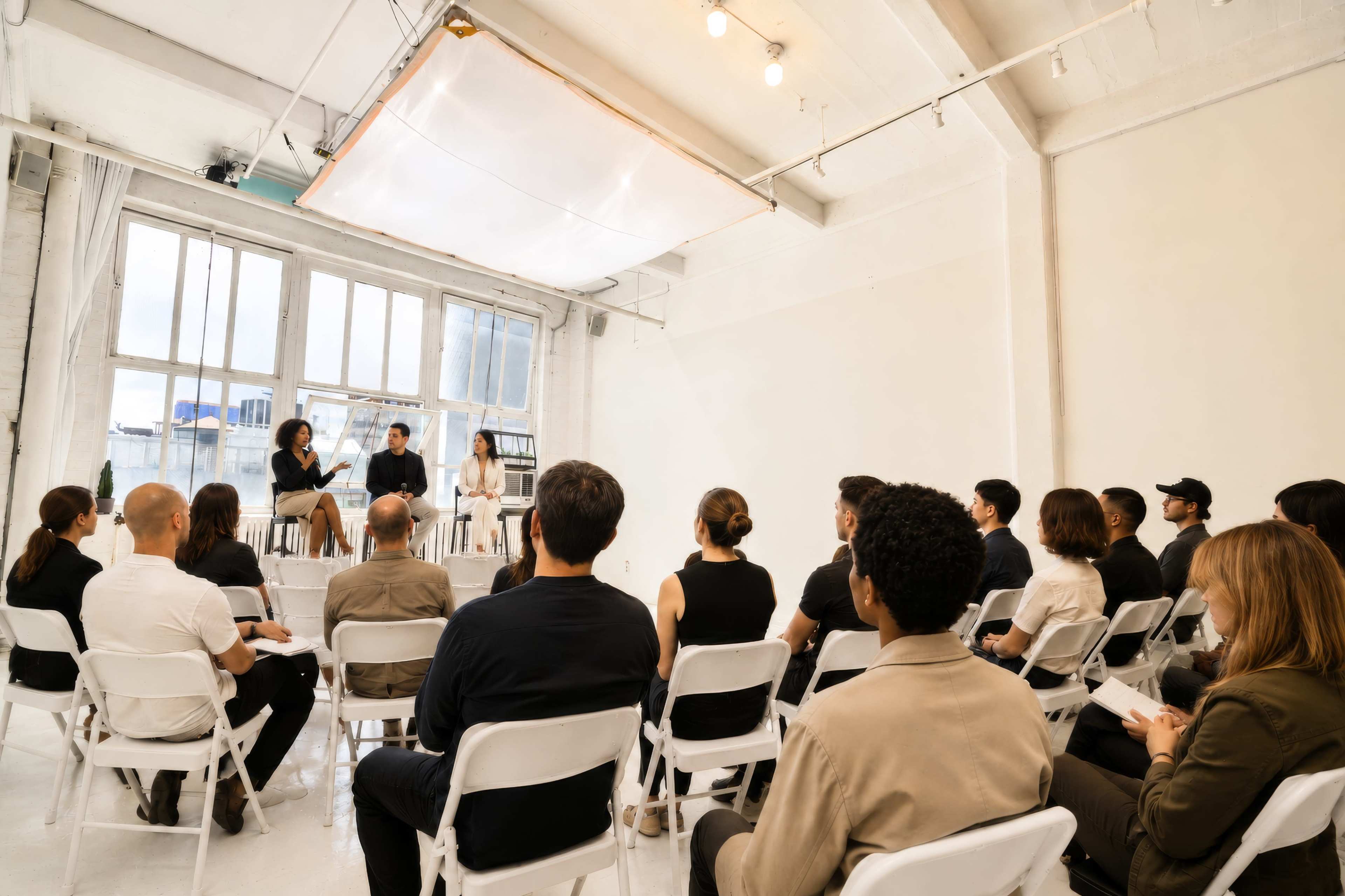 A group of people is seated in white chairs facing a panel of three speakers in a bright, spacious room with large windows.