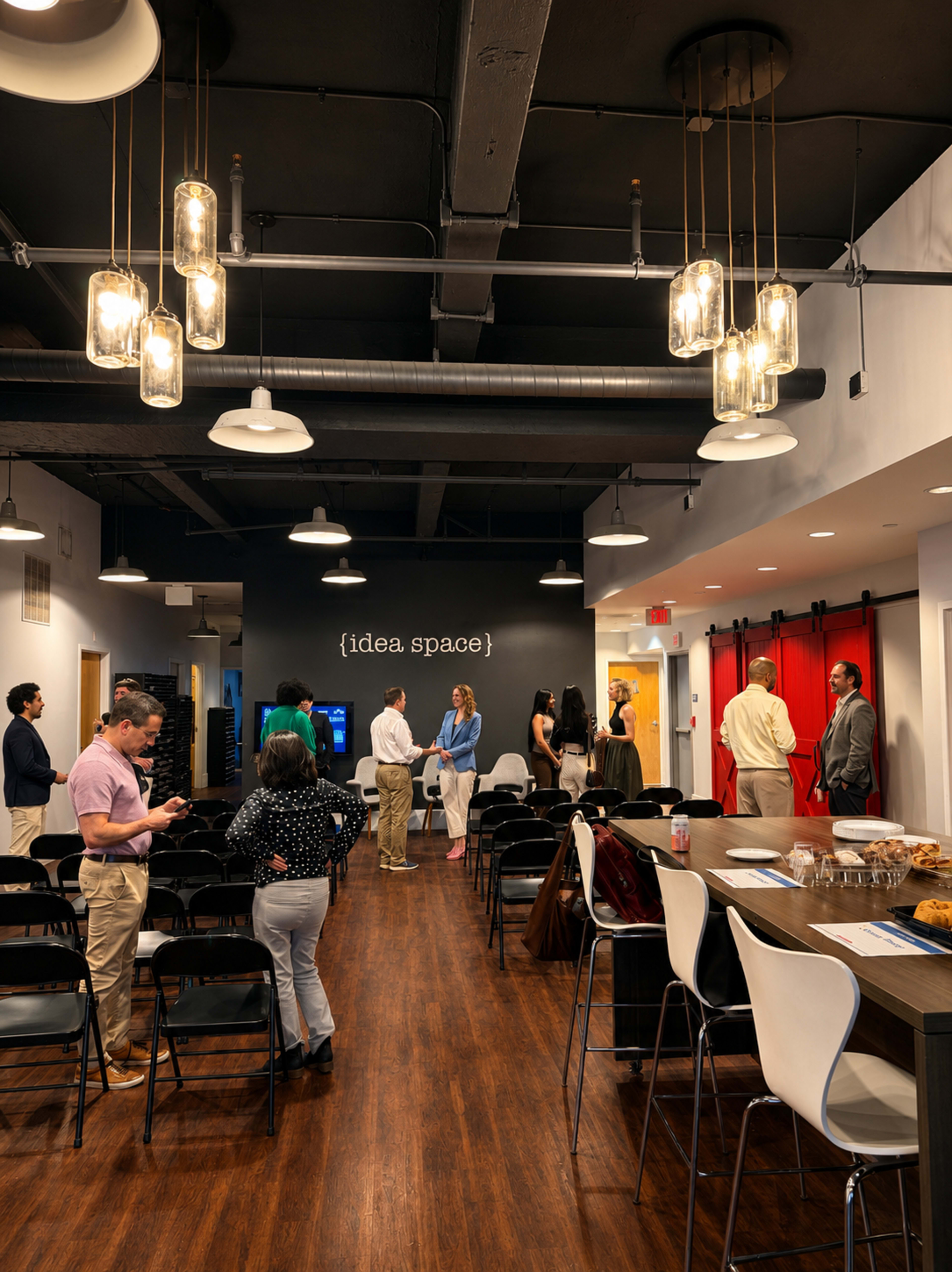 A group of people gathers in a modern, brightly lit office space with a long wooden table and chairs, including a wall that displays the text "{idea, space}".