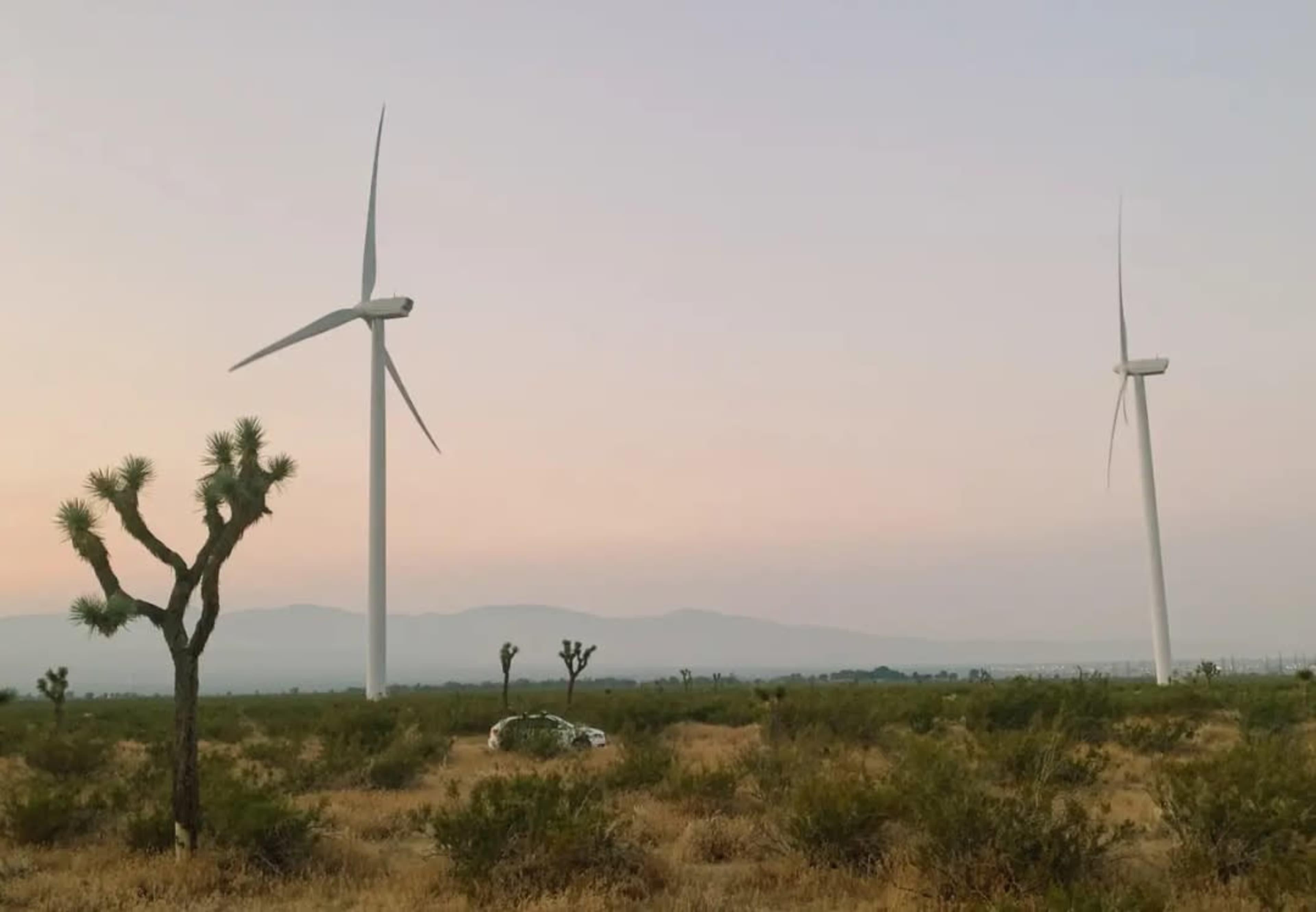 Two large wind turbines stand among low desert vegetation at sunset in a rural landscape.