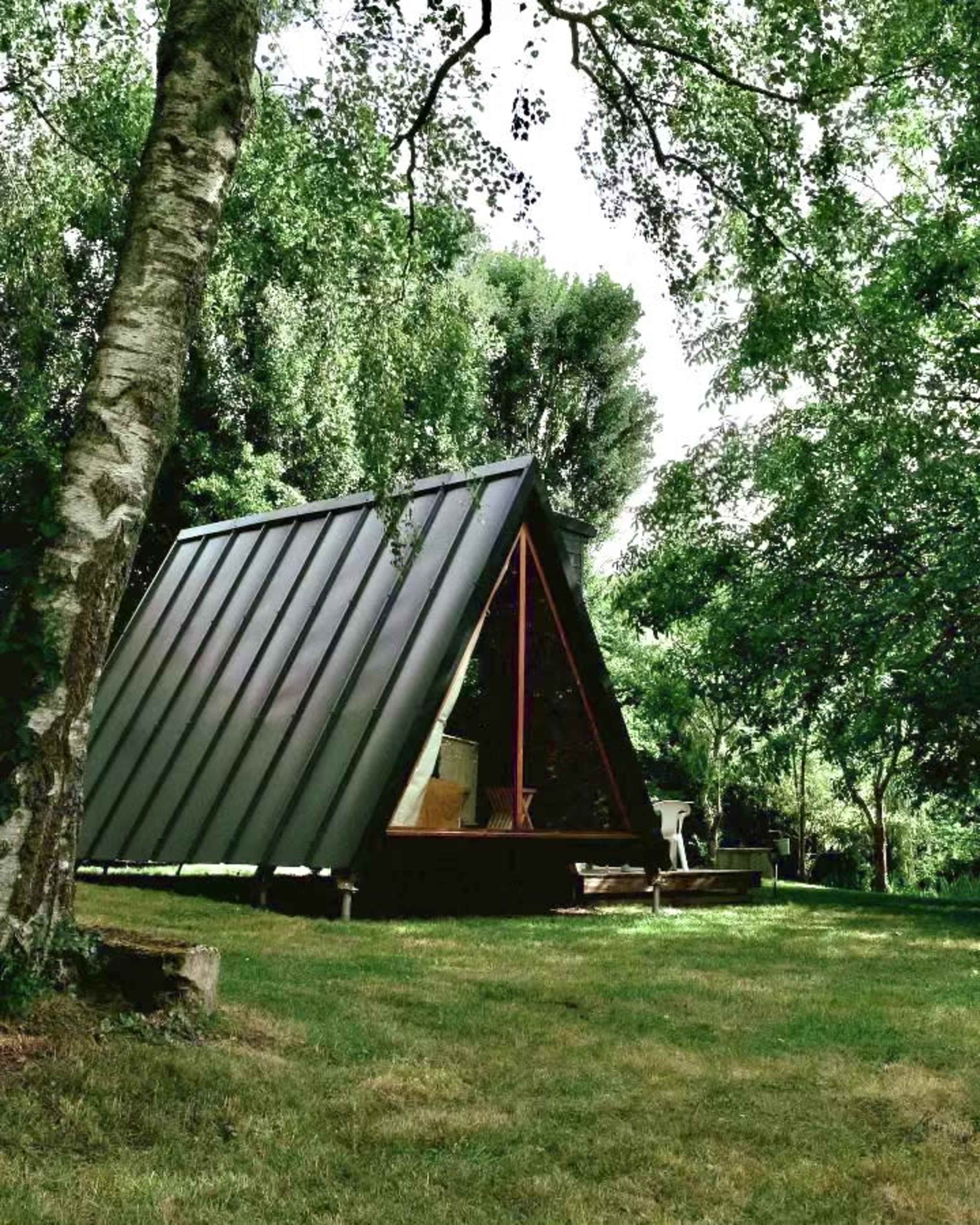 A modern, triangular-shaped cabin with a metal roof is nestled among trees in a grassy area.