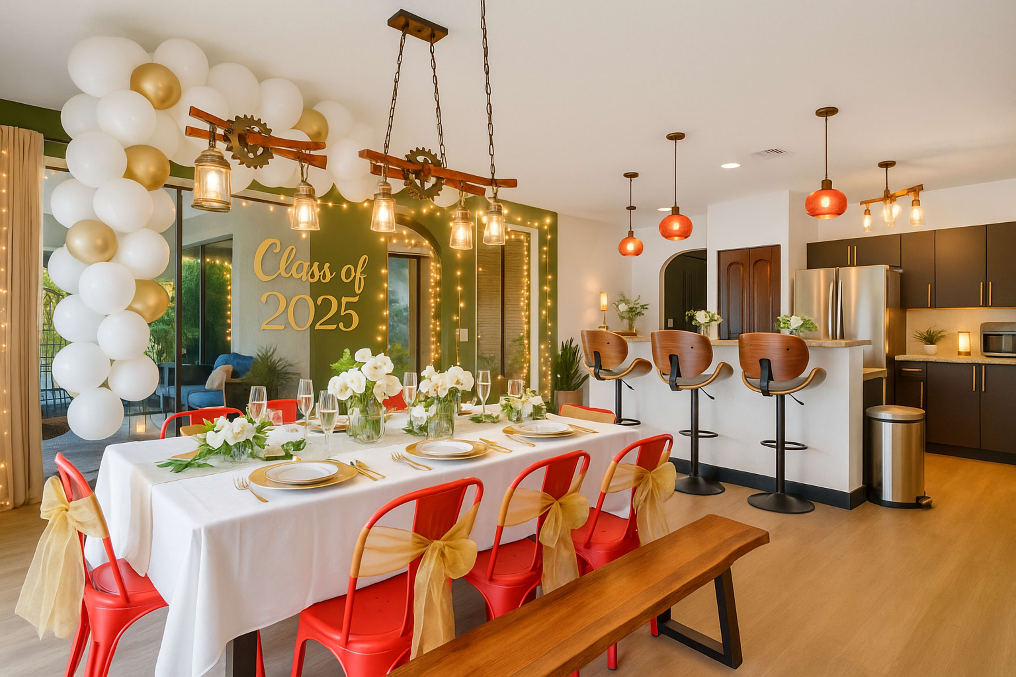 A dining area is set up with a long table, decorated for a graduation celebration, featuring red chairs, a white tablecloth, and gold accents, alongside a kitchen area with modern appliances.