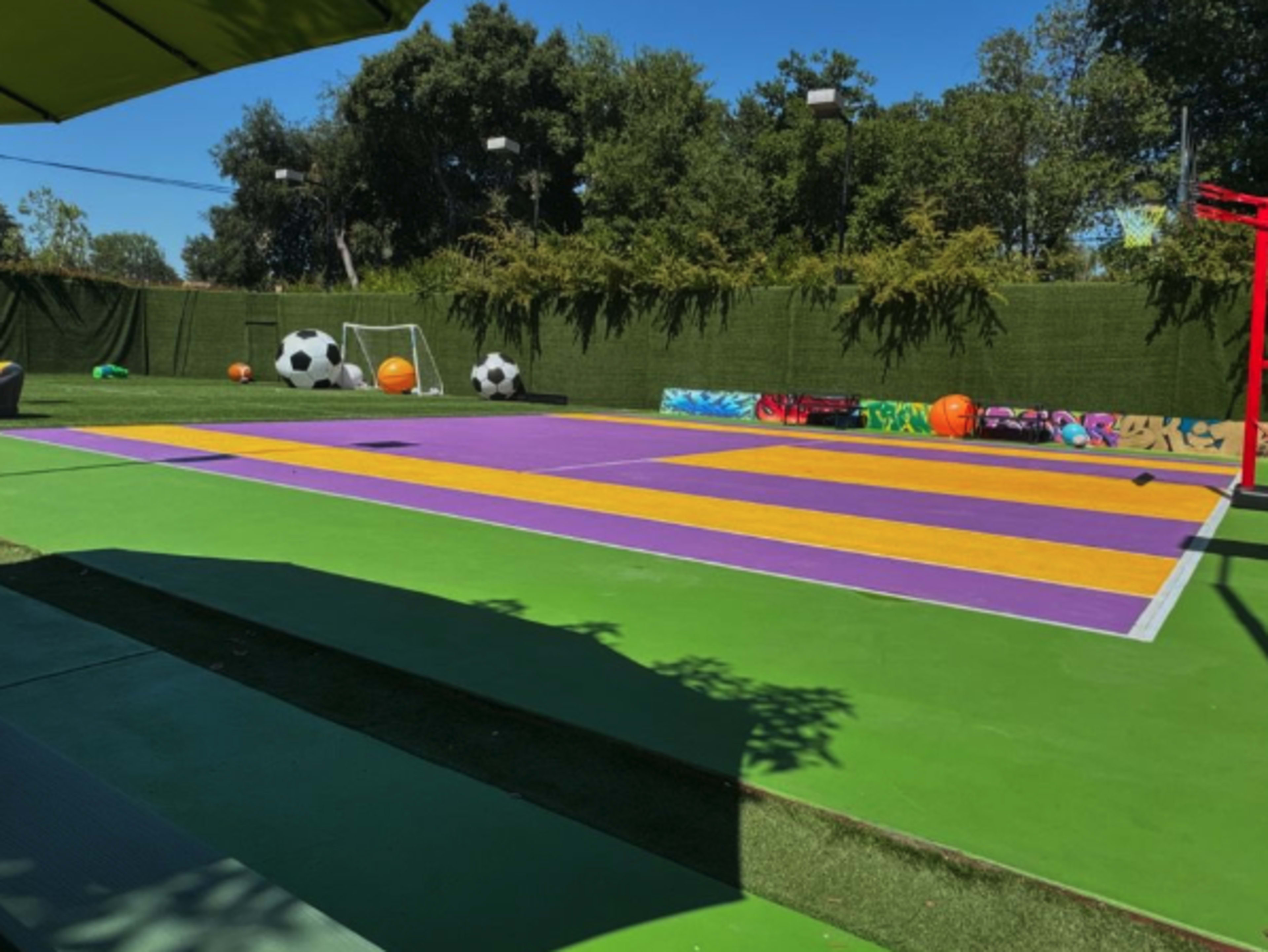 A bright outdoor sports court featuring different colored sections and various sports equipment like soccer balls and colorful exercise balls, surrounded by greenery.
